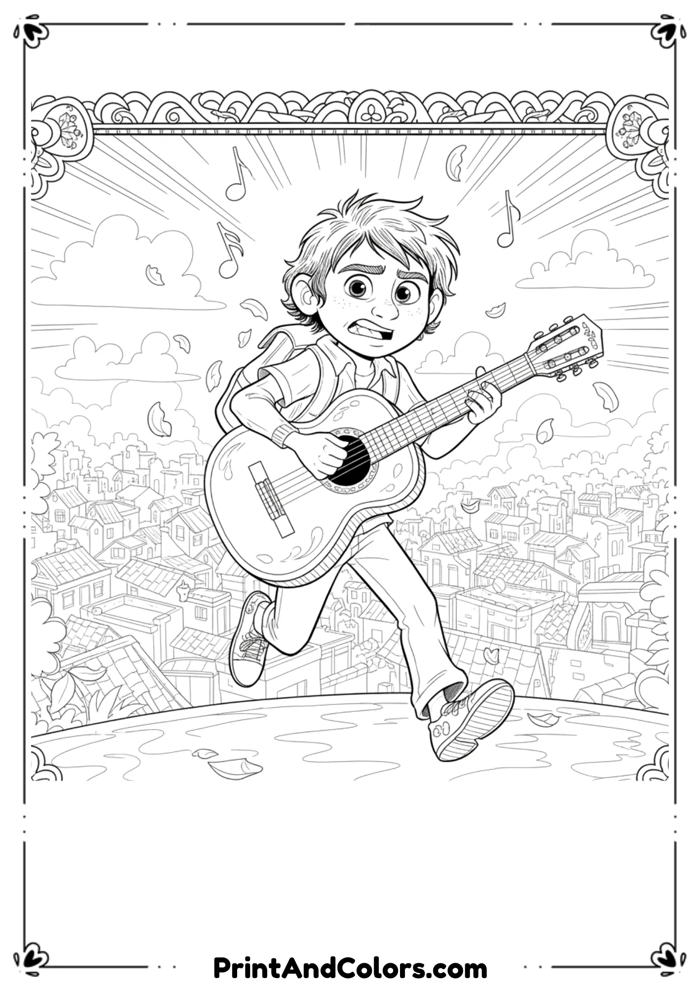 Black and white line art of Miguel running determinedly with his guitar, showing urgency, Coco adventure coloring page outlines.