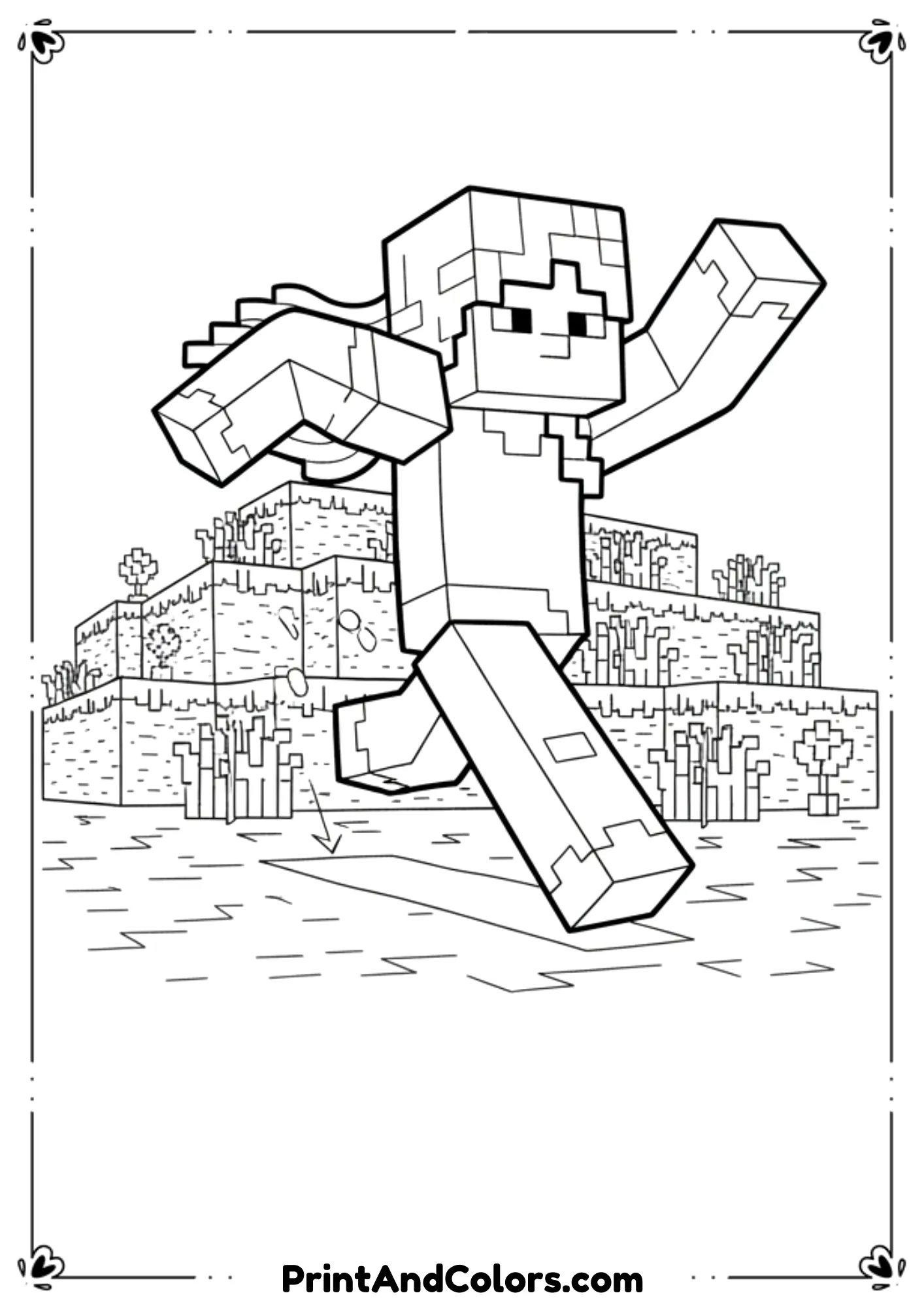 :
 Black and white line drawing of Minecraft Alex running forward with arms swinging, blocky terrain and grass behind, dynamic action pose, clean bold outlines, no shading, kid-friendly printable coloring sheet, white background.
