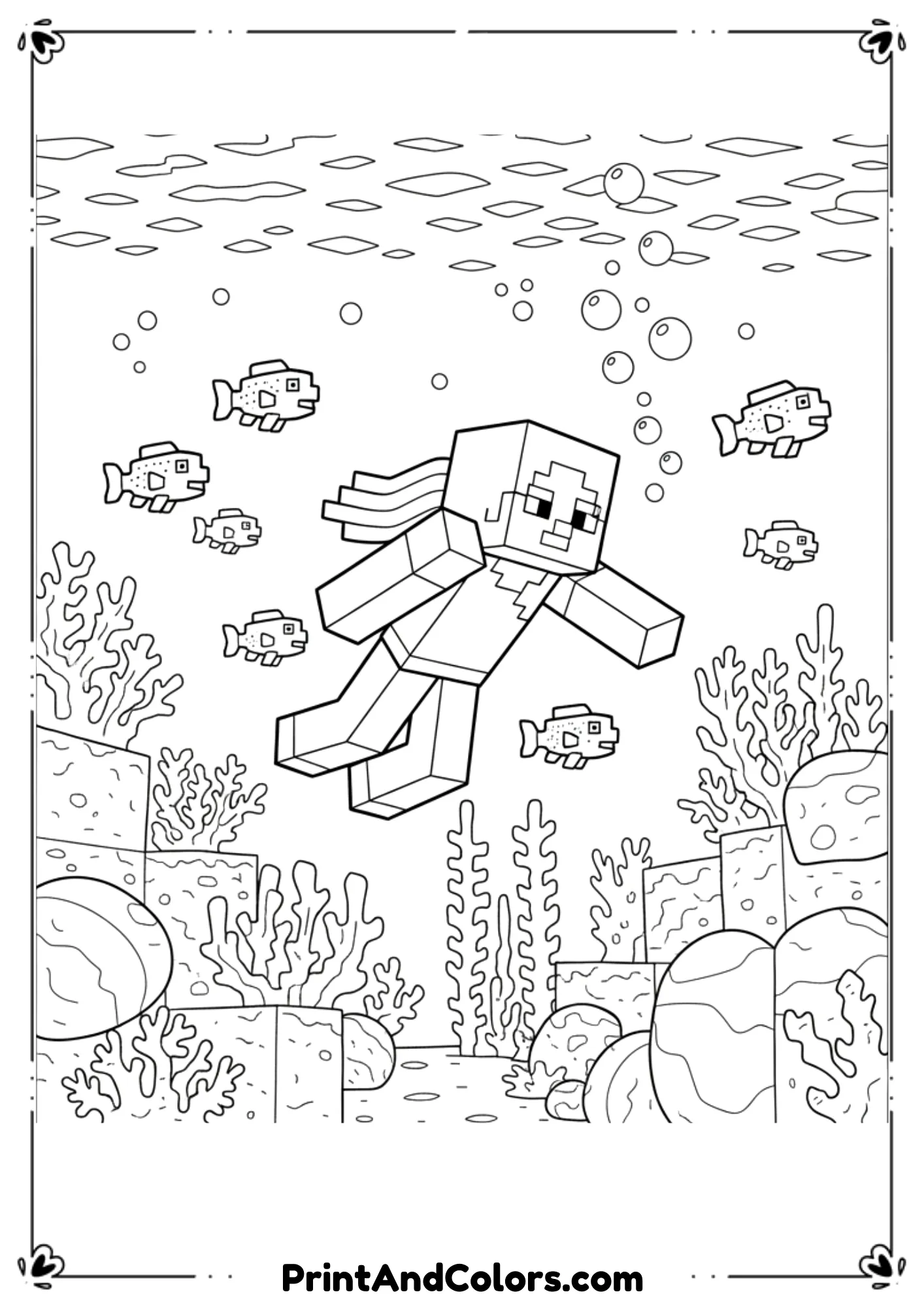  Black and white line art of Minecraft Alex swimming underwater, surrounded by fish, bubbles, coral, and ocean blocks, pixelated Minecraft style, bold clean outlines, no shading, no color, printable coloring page for kids, white background.