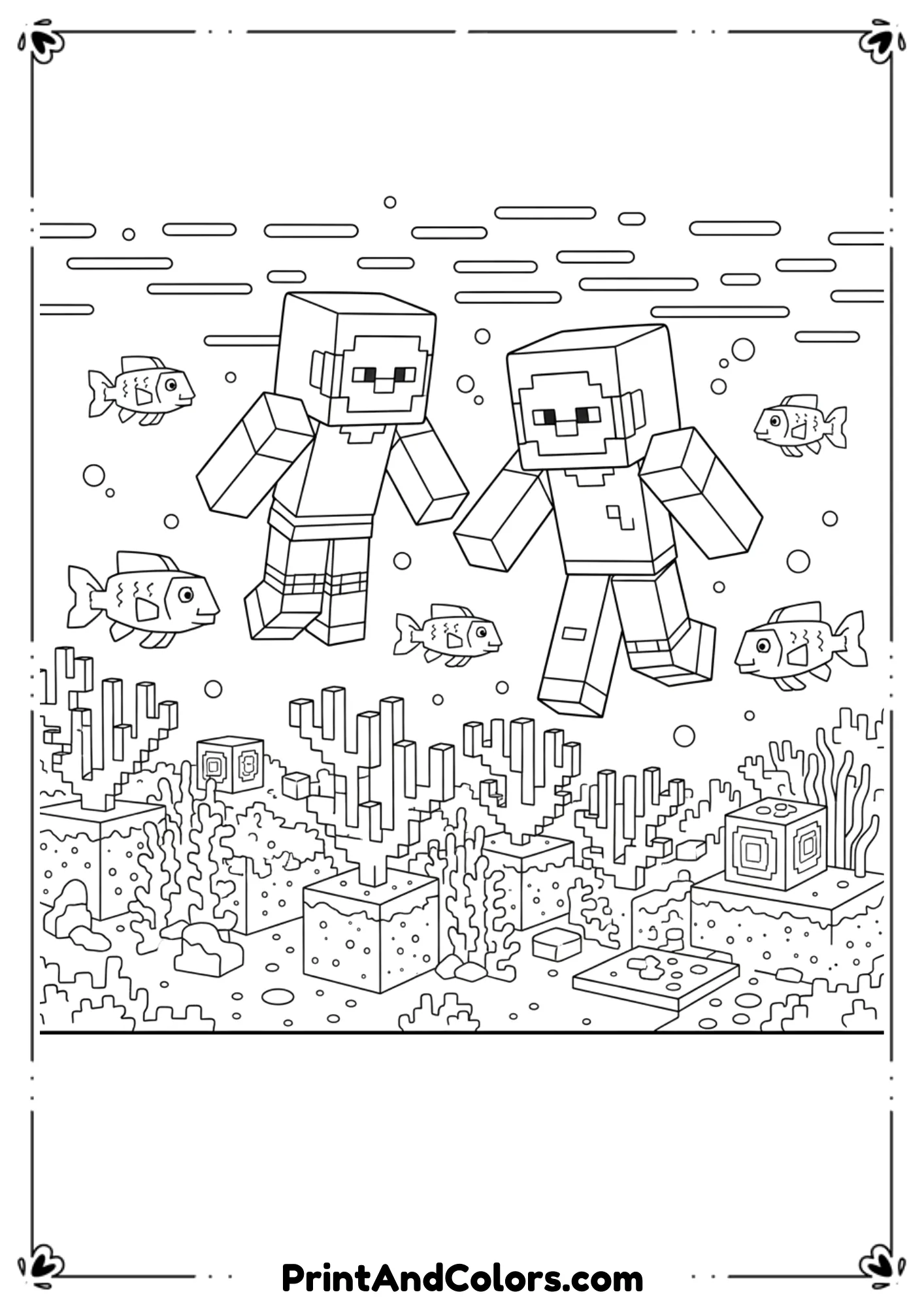 Black and white line illustration of Alex and Steve underwater with fish, coral, and ocean blocks, aquatic theme, bold outlines, no shading, printable coloring page.
