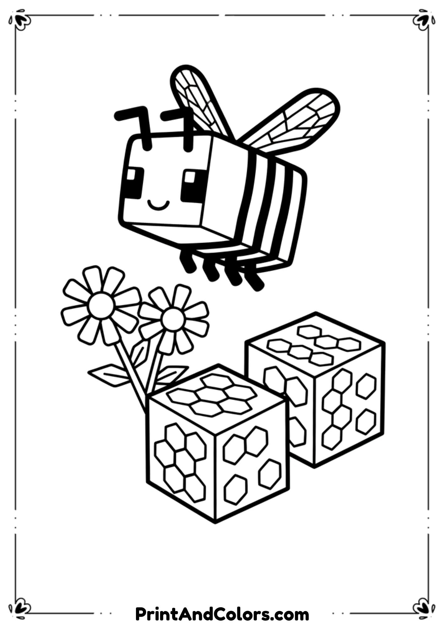  Black and white line drawing of a Minecraft bee flying near flowers and honey blocks, cute friendly design, bold outlines, no shading, printable coloring page for kids.
