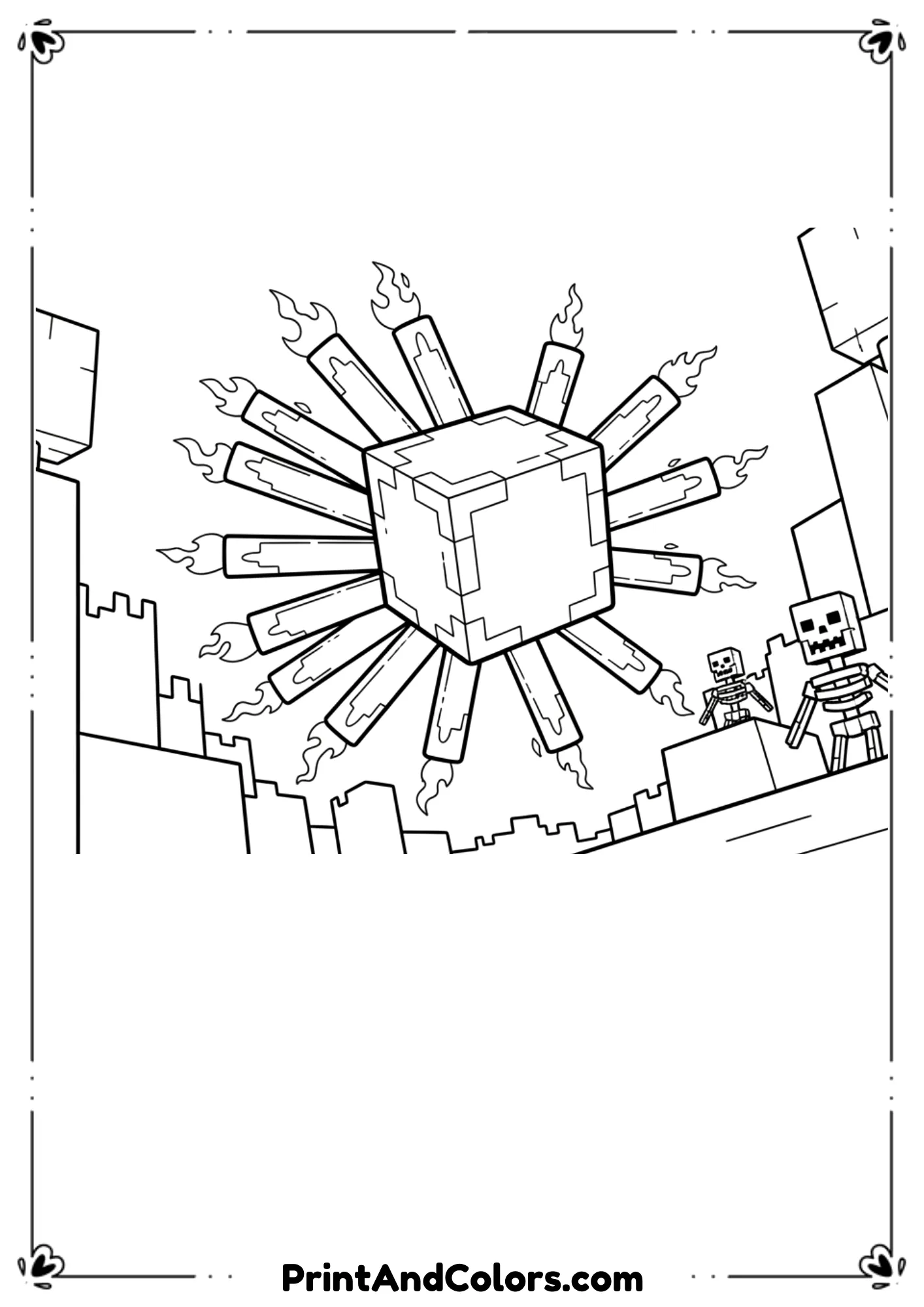  Black and white line drawing of a Minecraft Blaze floating with fire rods outlined only, simple Nether-style background, bold outlines, no shading, printable coloring page.
