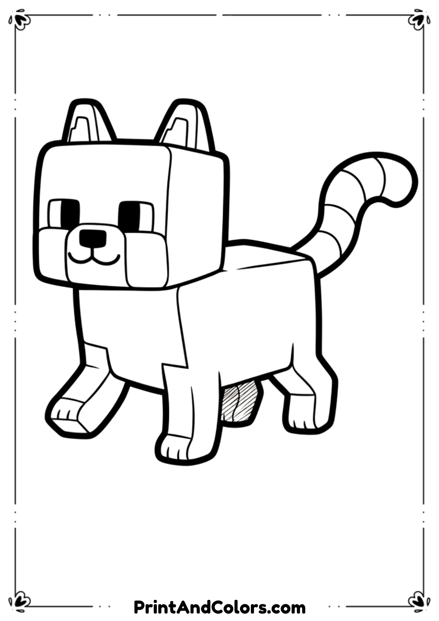  Black and white line drawing of a Minecraft cat sitting or walking, cute expression, blocky body, bold outlines, no shading, printable coloring page for kids.
