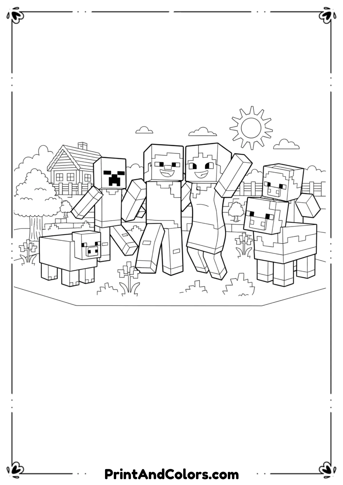  Black and white line illustration featuring multiple Minecraft characters like Steve, Alex, Creeper, Zombie, and animals, friendly layout, bold outlines, no shading, printable coloring page for kids.
