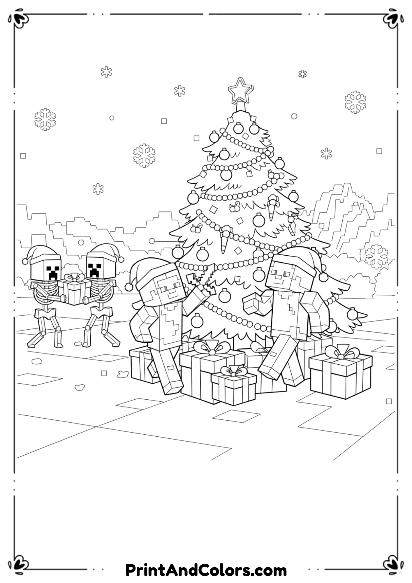  Black and white line art of Minecraft characters celebrating Christmas, snow blocks, Christmas tree, gifts, festive elements, bold clean outlines, no shading, printable coloring page for kids.