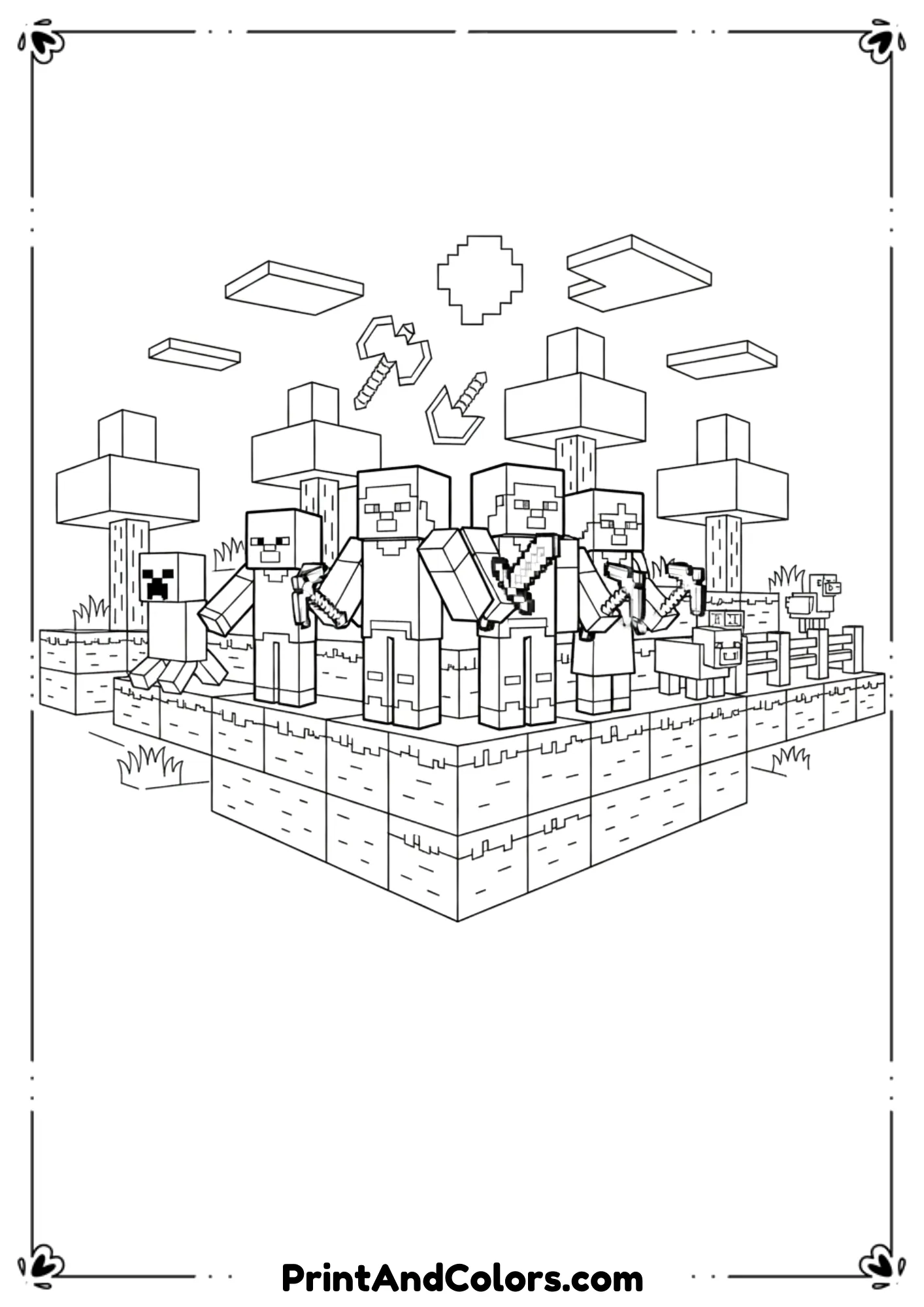  Black and white line art illustration of a Minecraft world scene featuring Steve, Alex, Creeper, Zombie, blocks, trees, tools, and animals, simple blocky Minecraft style, clean bold outlines, no color, no shading, kid-friendly composition, printable coloring page, high resolution, white background.