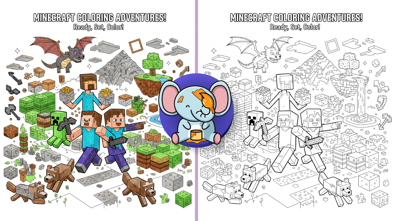 Feature image of Minecraft coloring pages collection with Steve, Alex, Creeper, Enderman, mobs, and blocks in black-and-white line art, perfect for printable coloring sheets for kids