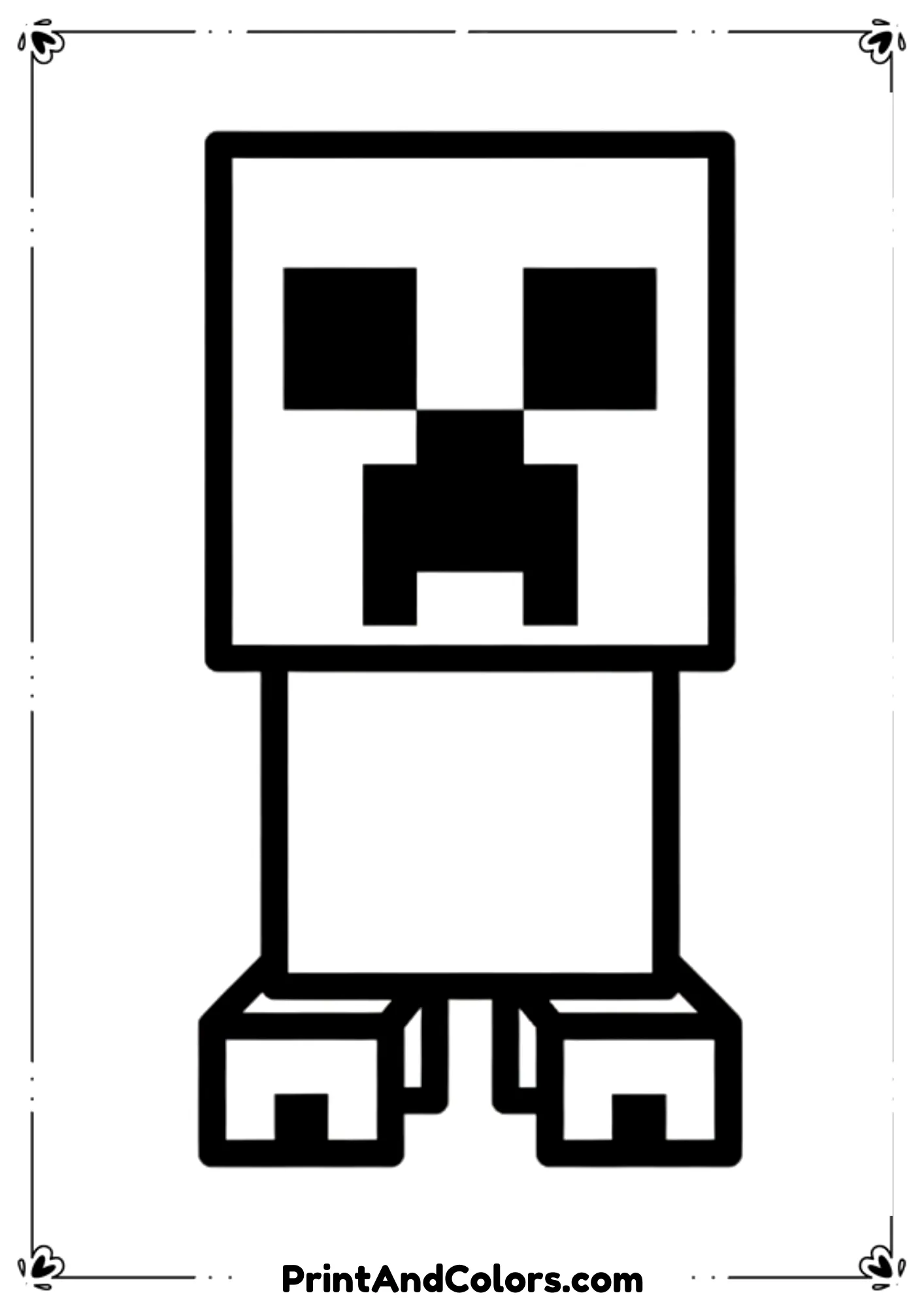 :
 Black and white line illustration of a single Minecraft Creeper, centered composition, pixel-style body, bold clean outlines, no shading, no color, easy printable coloring page for kids.
