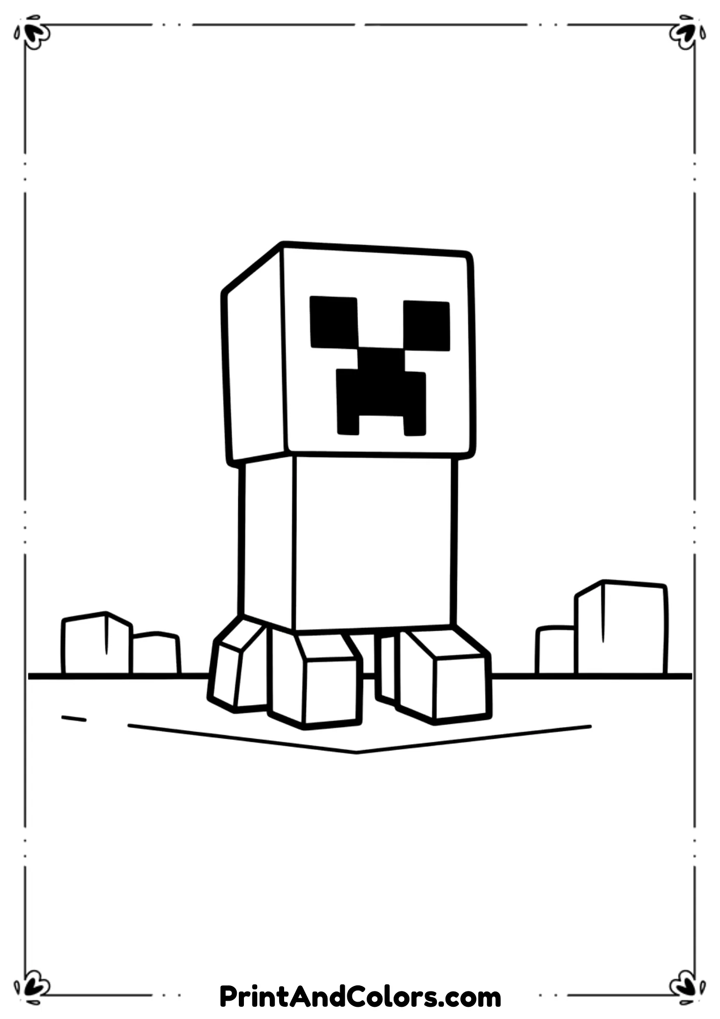  Black and white line drawing of a Minecraft Creeper standing on grassy block ground, simple background, pixelated character shape, bold outlines, no color or shading, printable coloring page for kids.