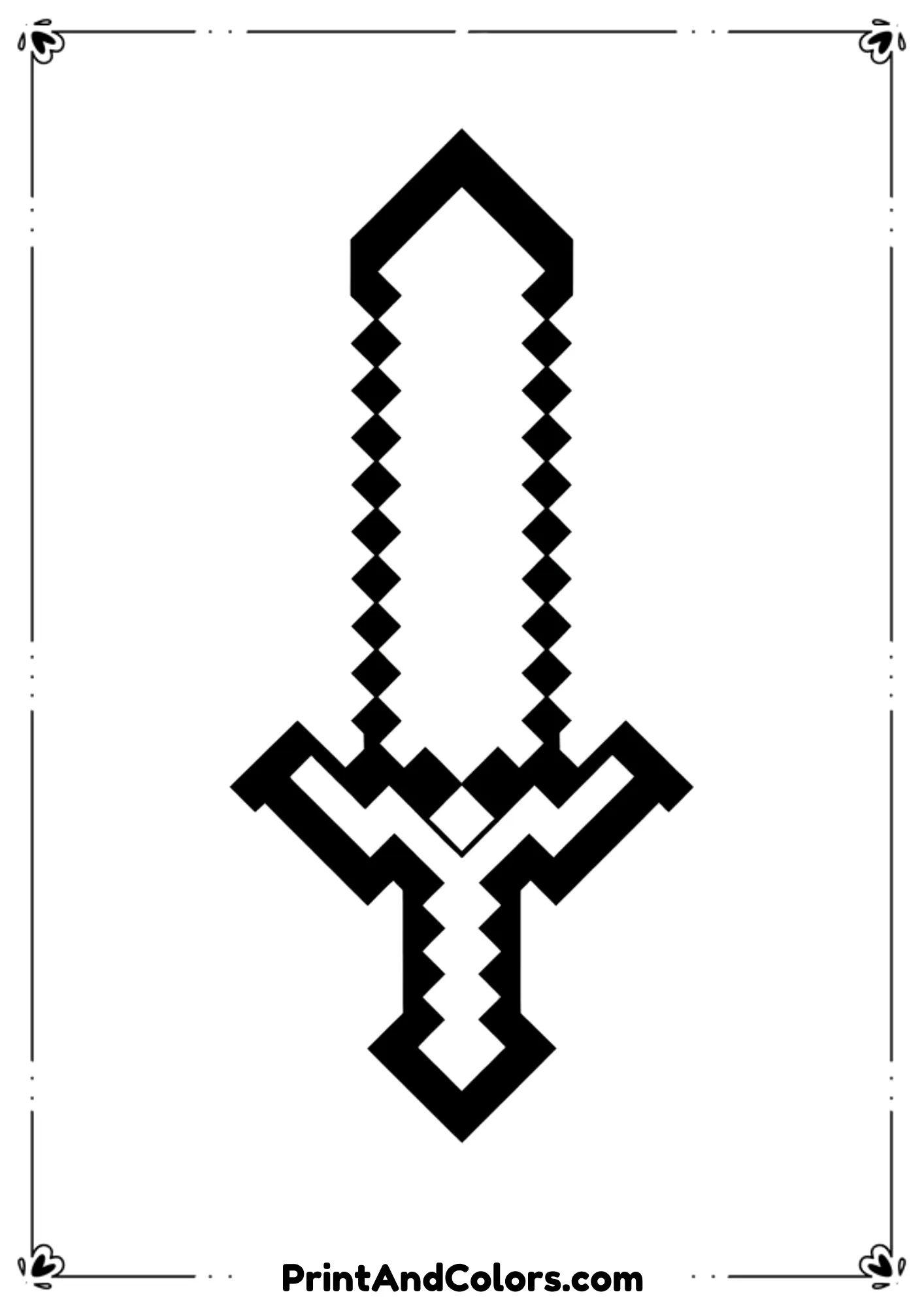 Black and white line art of a Minecraft diamond sword, pixel-style design, centered composition, bold outlines, no shading, printable coloring page.
