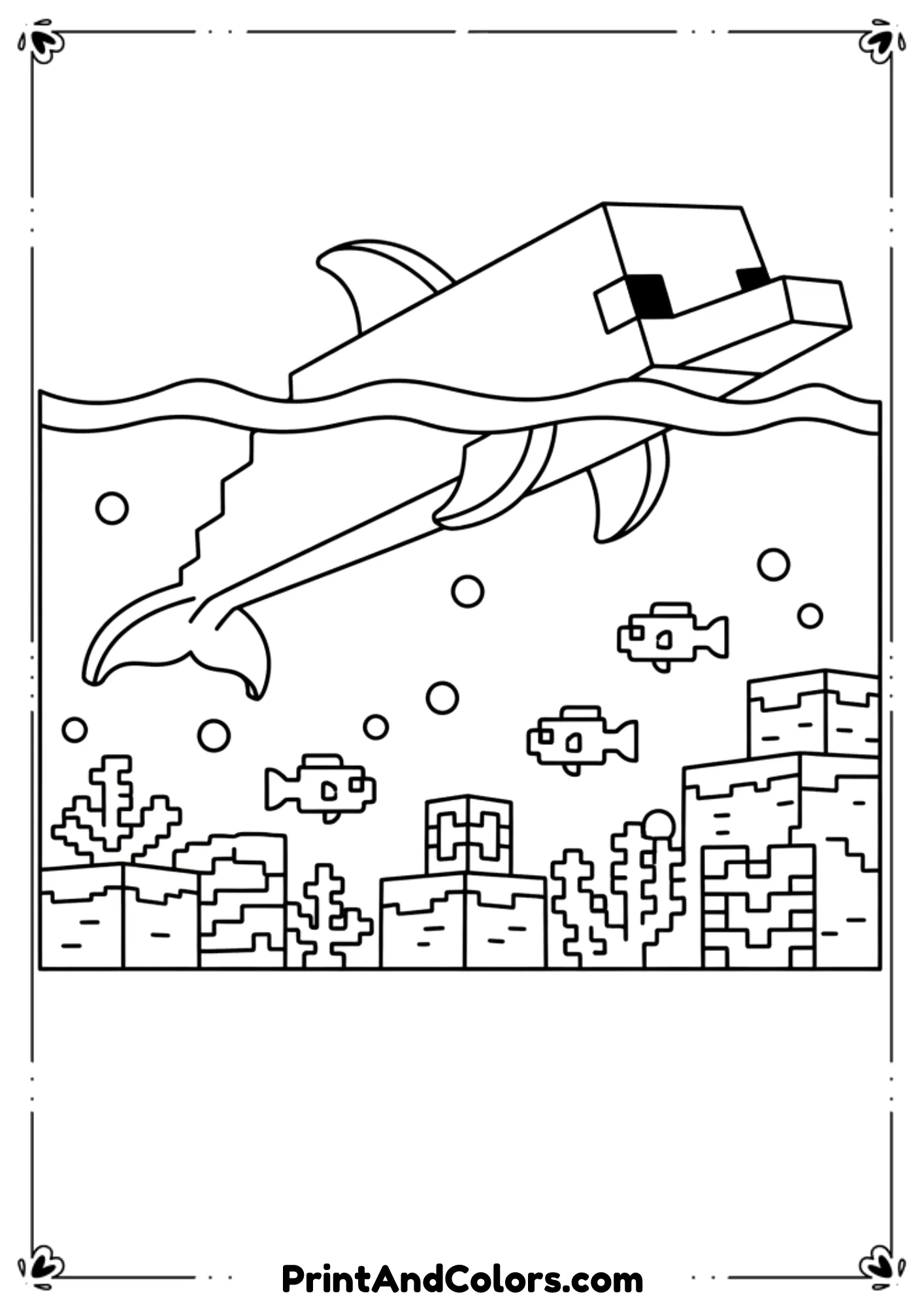  Black and white line art of a Minecraft dolphin swimming in the ocean with waves, fish, and underwater blocks, pixel-style design, smooth bold outlines, no color, no shading, printable coloring page for kids.