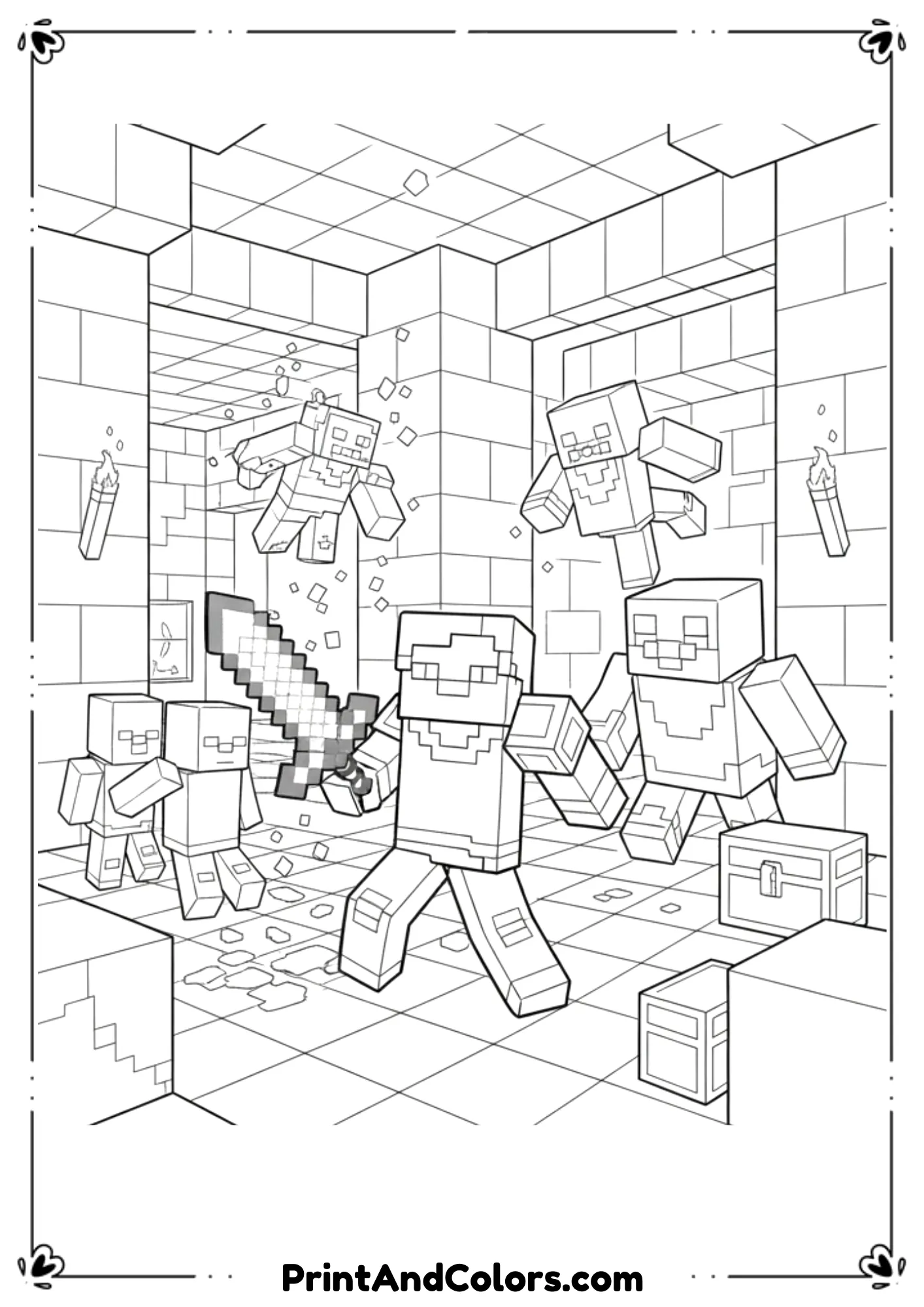  Black and white line illustration inspired by Minecraft Dungeons characters and enemies, fantasy dungeon setting, simplified details for kids, bold outlines, no shading or color, printable coloring page.