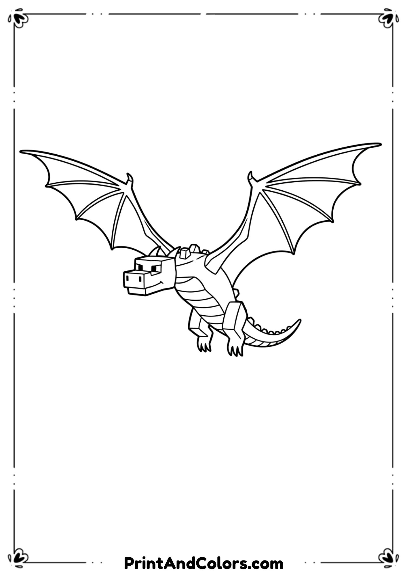 Black and white line drawing of the Minecraft Ender Dragon flying with wings spread, simplified details for kids, bold outlines, no shading, printable coloring page, white background