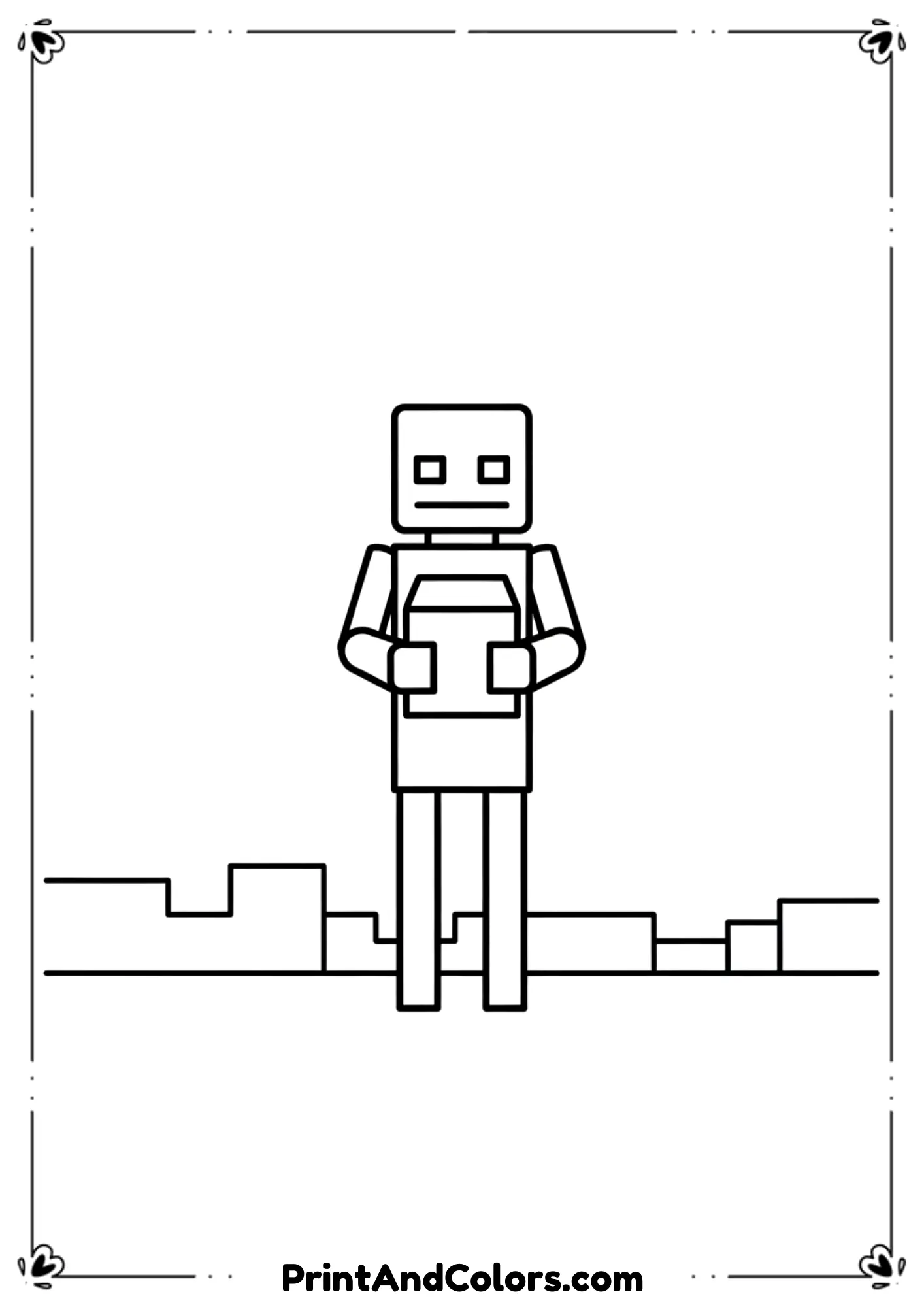  Black and white line art of a Minecraft Enderman holding a block, tall slim figure, simple background, bold outlines, no shading or color, printable coloring page.
