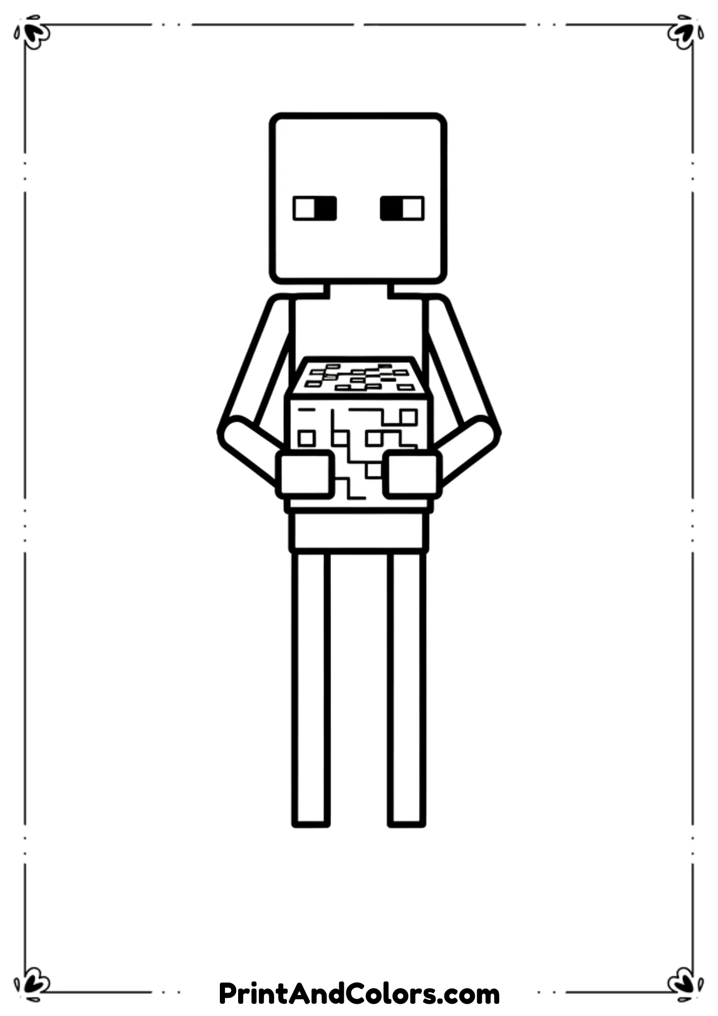  Black and white line drawing of a single Minecraft Enderman holding a block, tall slim figure, bold outlines, no shading, printable coloring page.
