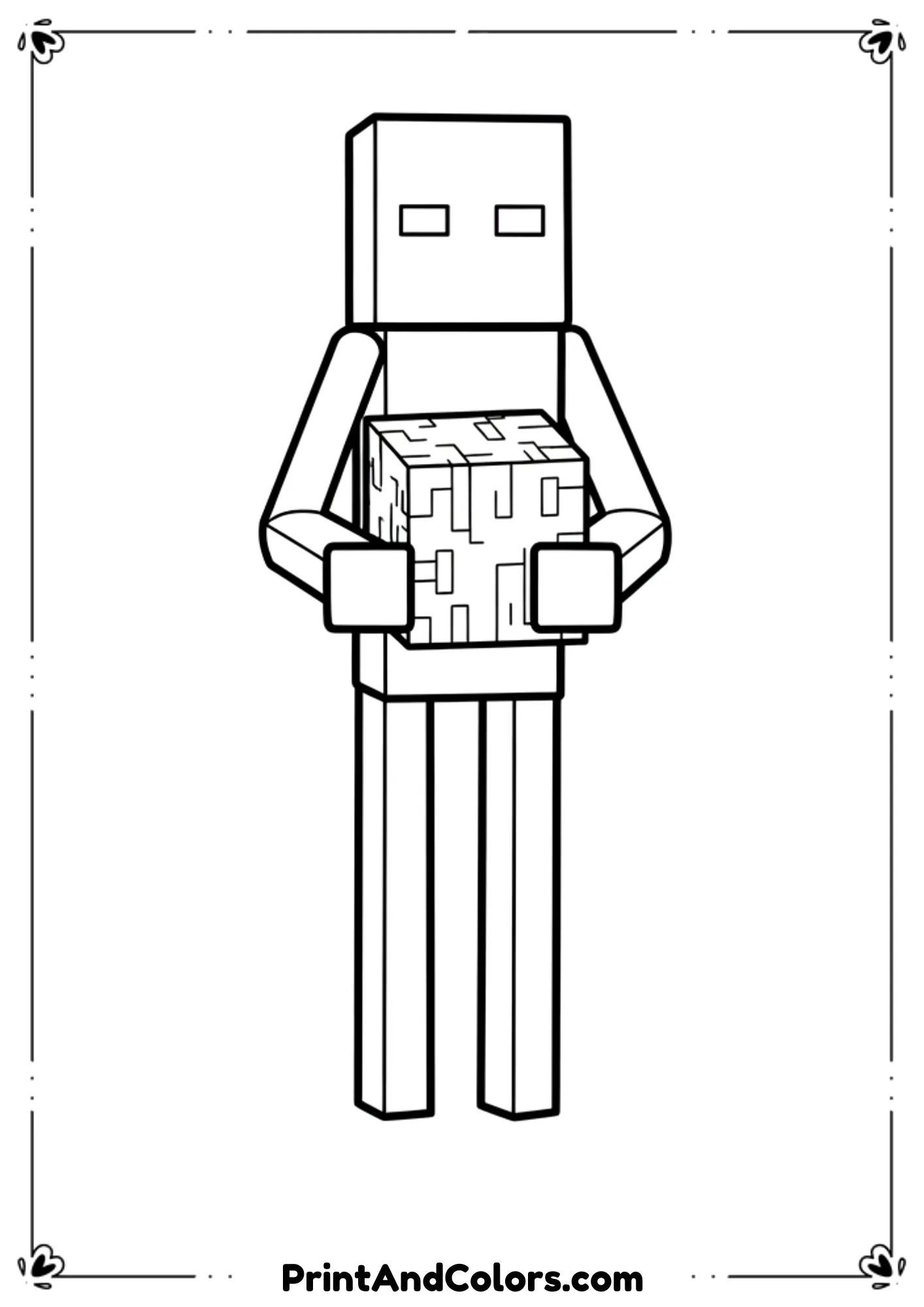  Black and white line art of a Minecraft Enderman standing tall holding a block, simple background, bold outlines, no shading or color, printable coloring page.
