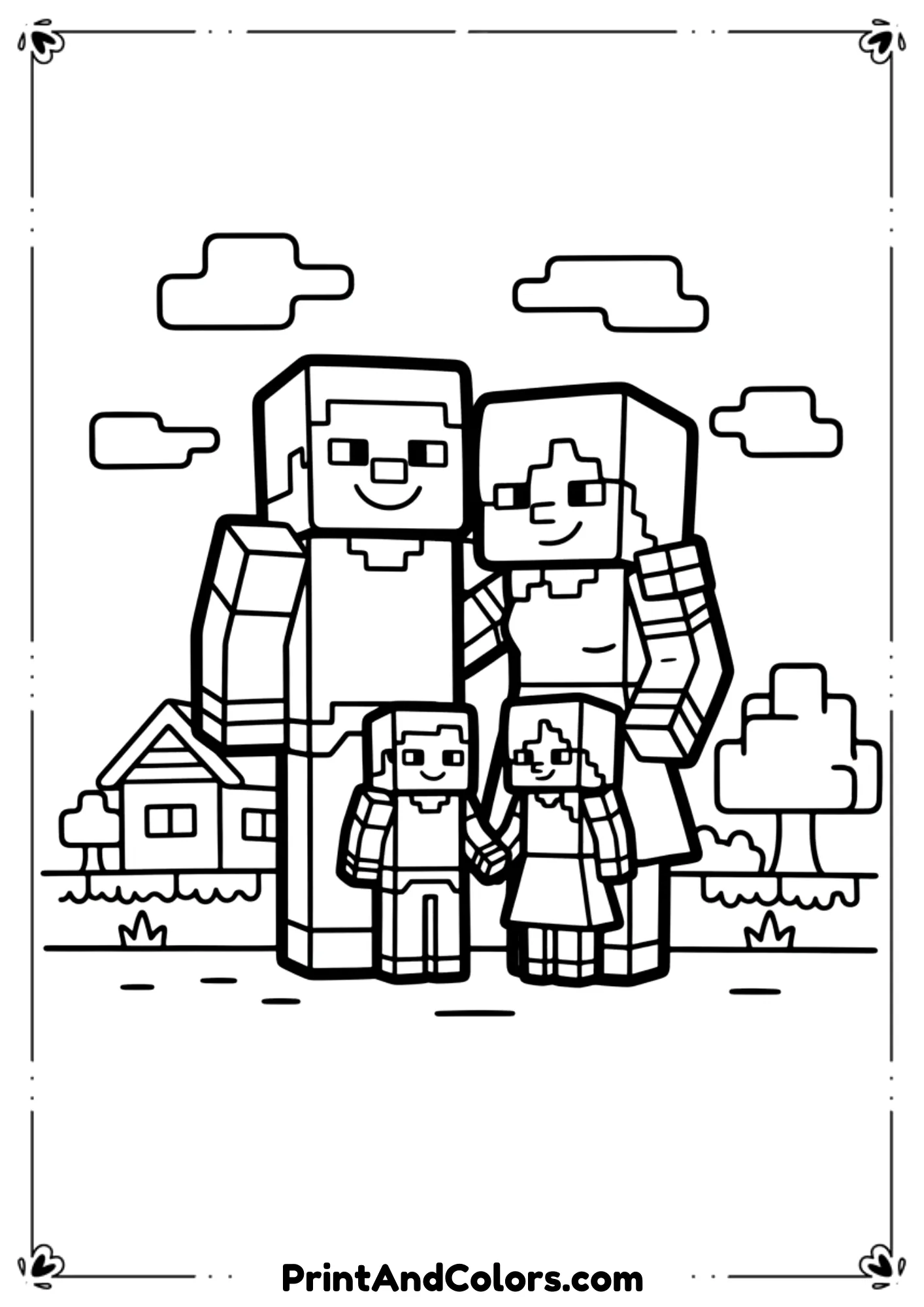 Black and white line art of a Minecraft family scene featuring Steve, Alex, and child characters together, friendly poses, bold outlines, no shading, printable coloring sheet.
