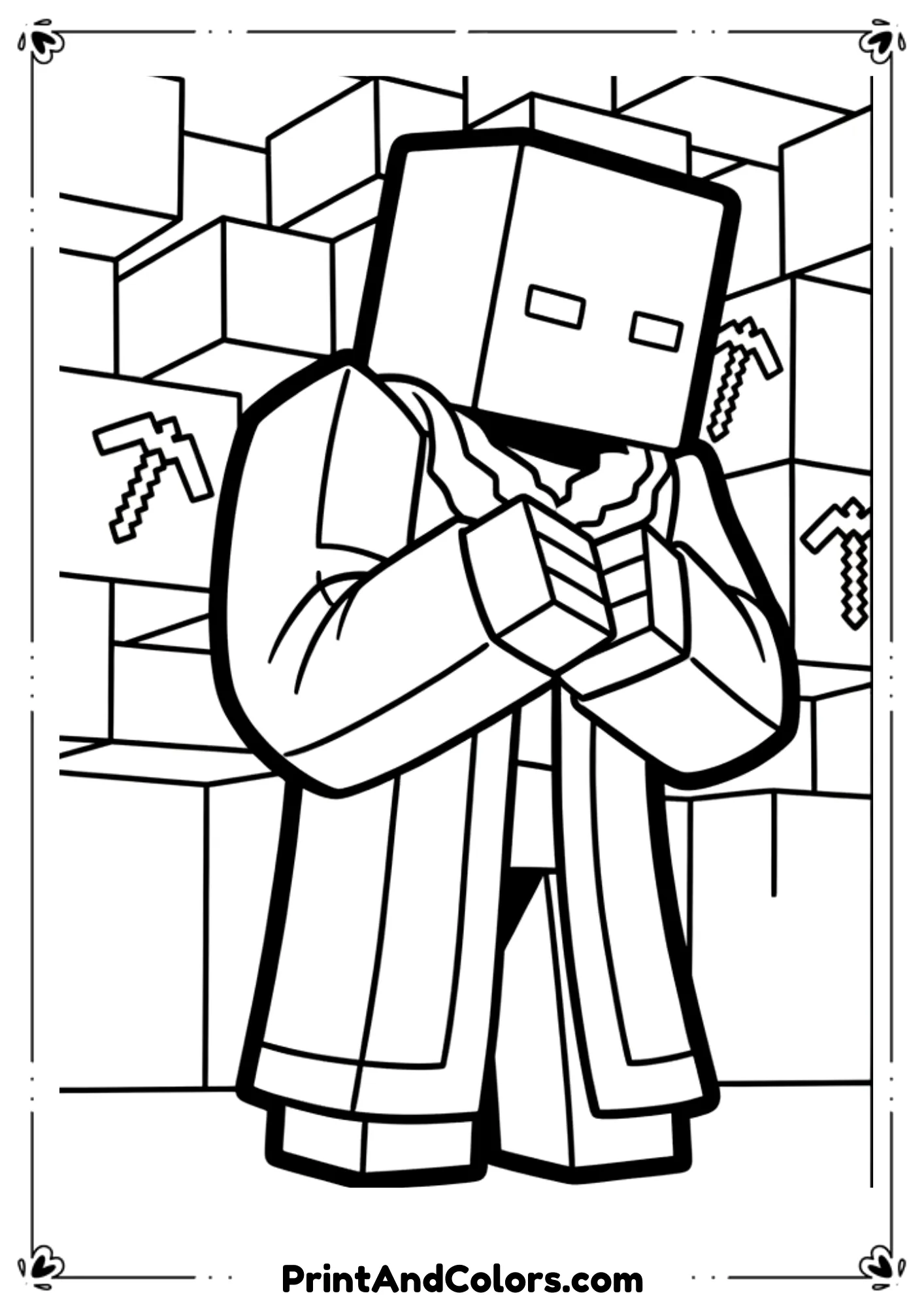  Black and white line art of Minecraft Herobrine with glowing eyes outlined only, mysterious pose, simple block background, bold outlines, no shading, printable coloring page.
