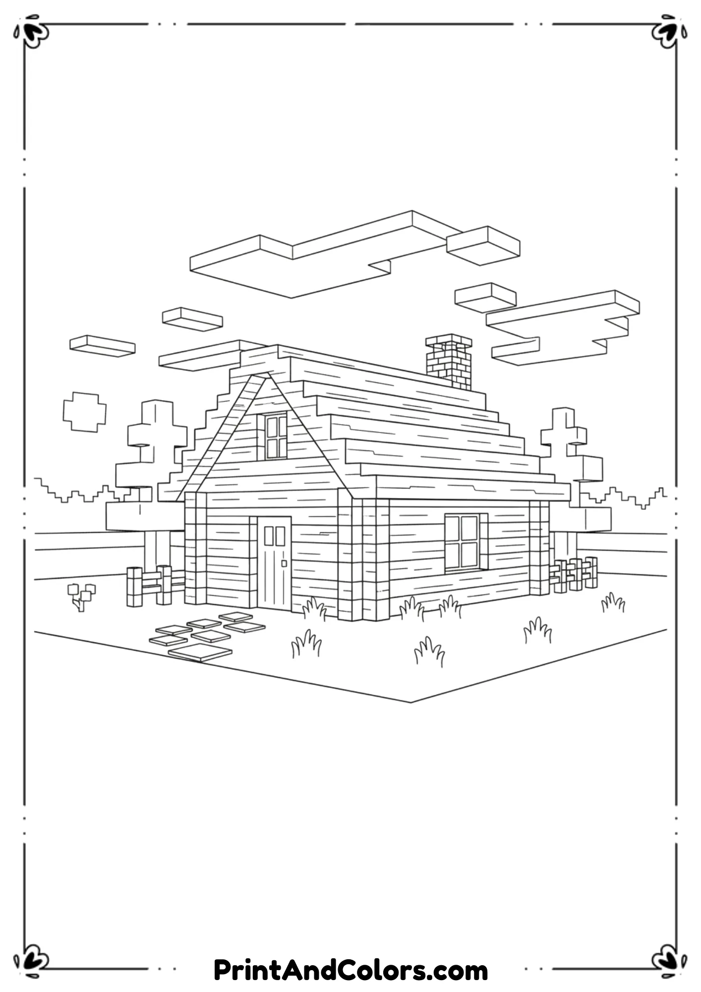 Black and white line drawing of a Minecraft log cabin house made of wooden blocks, simple landscape, bold outlines, no shading, printable coloring page for kids.
