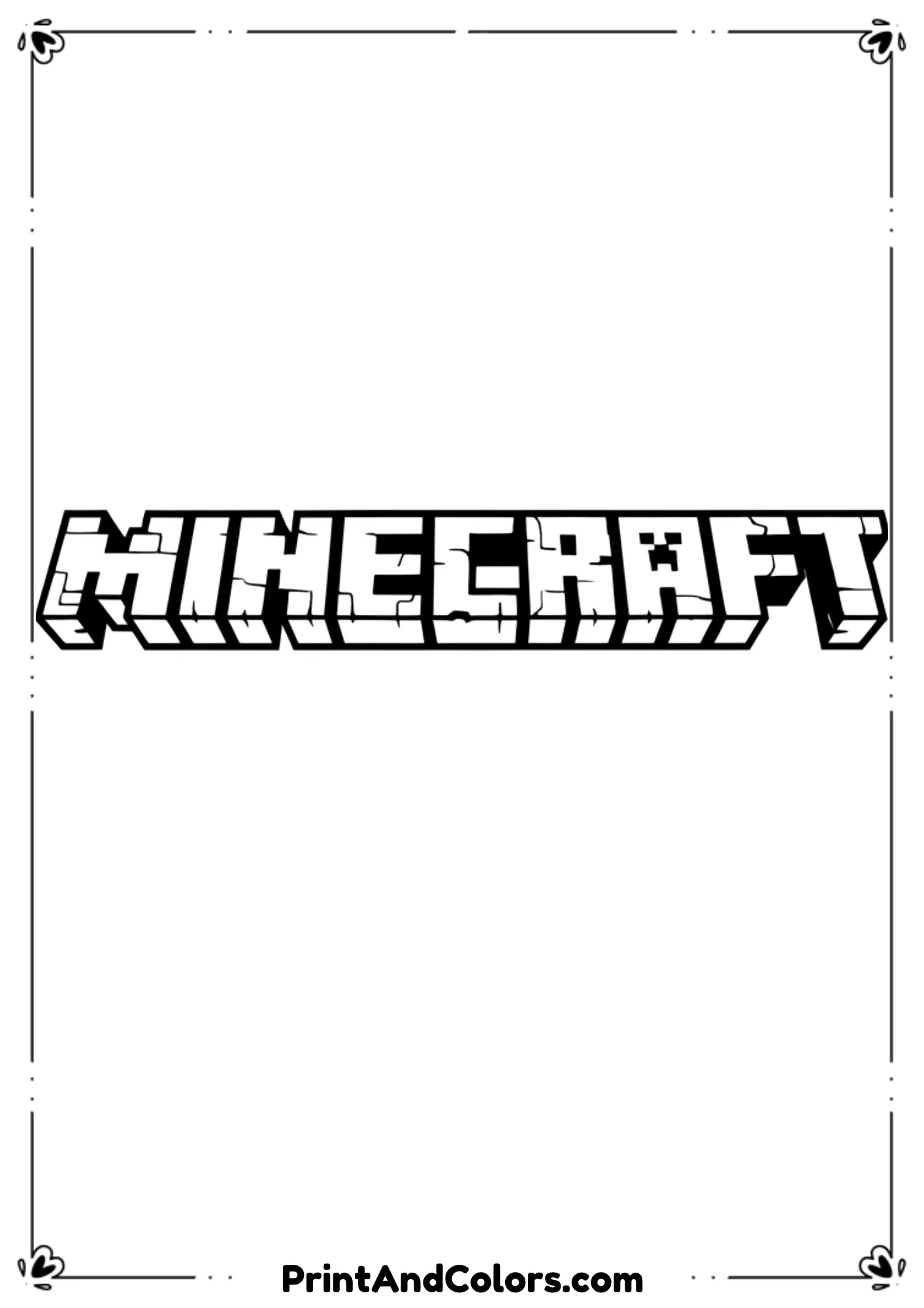  Black and white line art of the Minecraft logo with blocky lettering, simple clean outlines, no shading or color, printable coloring page, white background.
