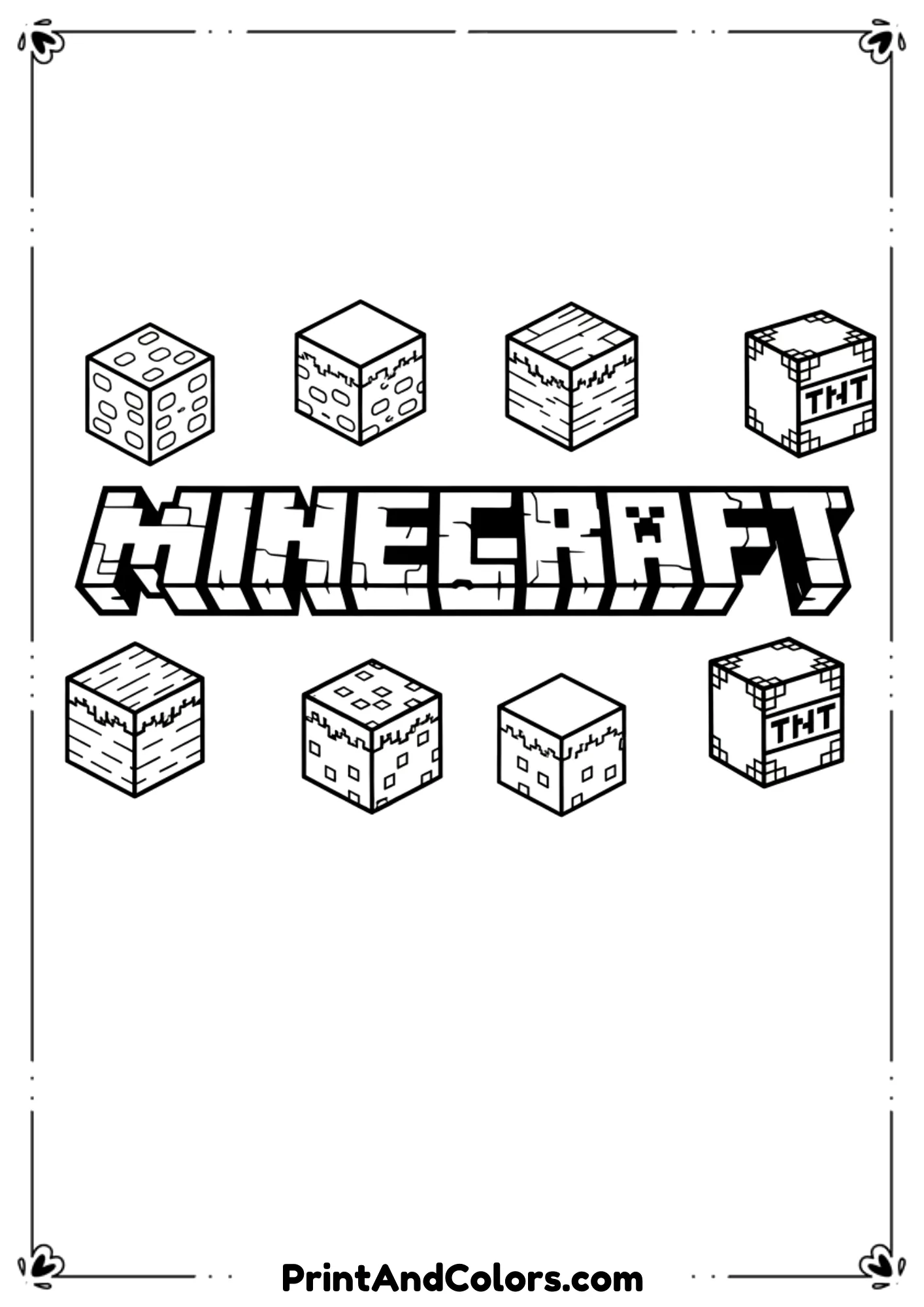  Black and white line illustration of the Minecraft logo surrounded by floating blocks, simple balanced composition, bold outlines, no shading, printable coloring sheet.
