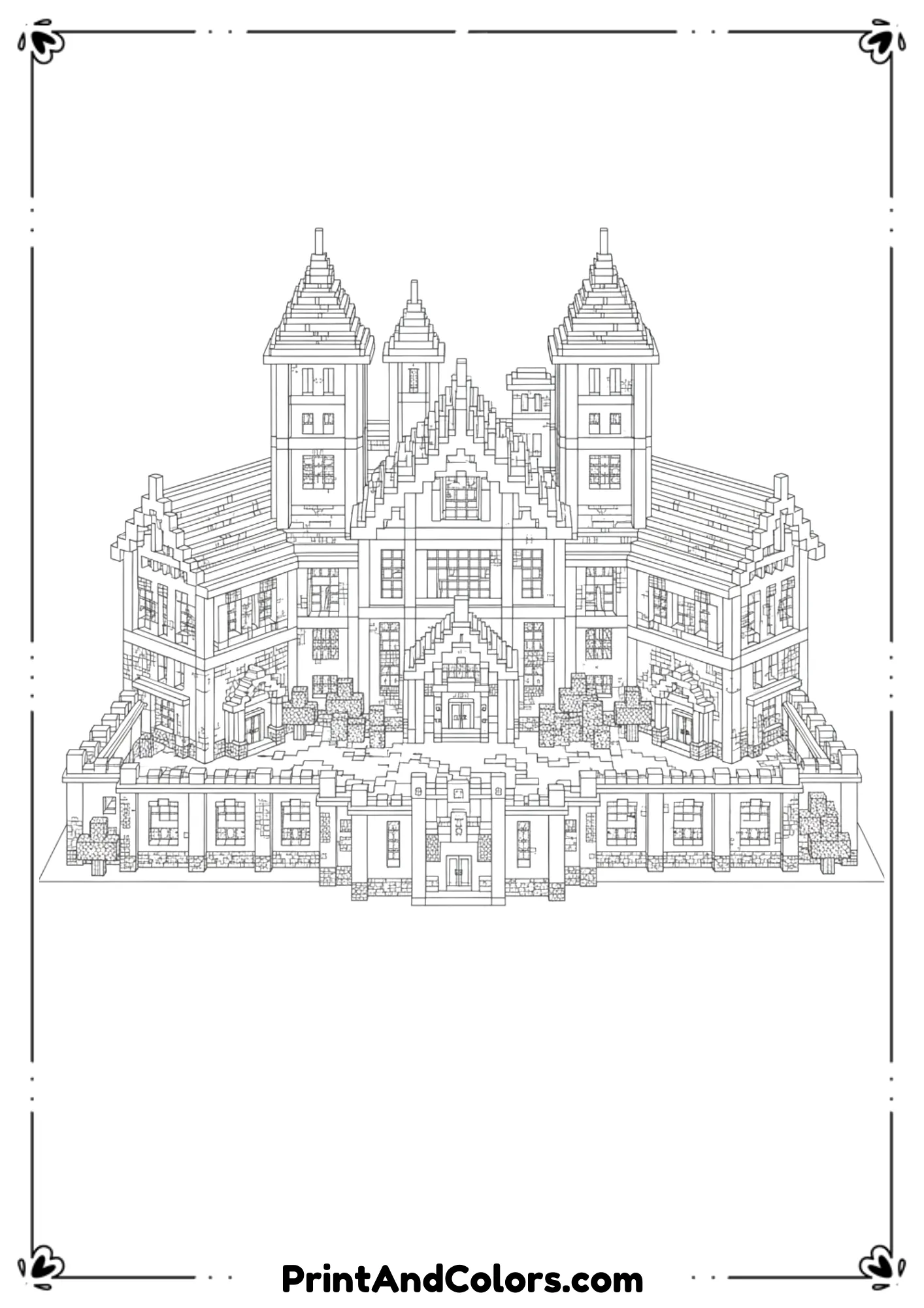  Black and white line art of a large Minecraft mansion with multiple rooms, windows, and block details, clear bold outlines, no shading, printable coloring page.
