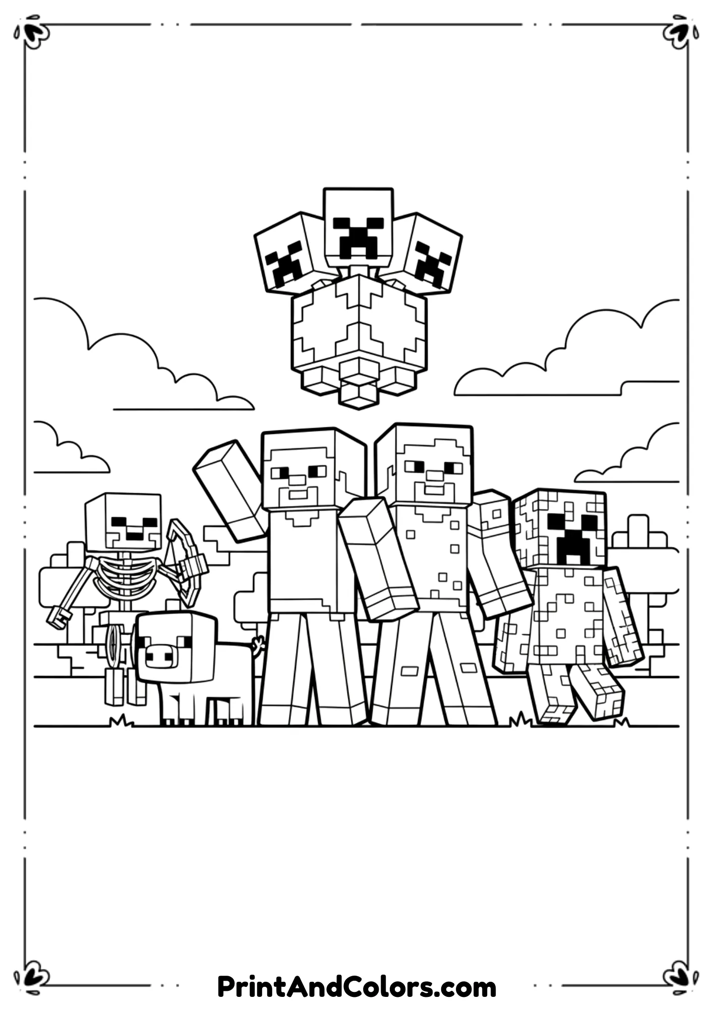 Black and white line art featuring Minecraft Steve, Alex, Creeper, pig, and other mobs together in one scene, balanced layout, bold outlines, no shading, printable coloring page.
