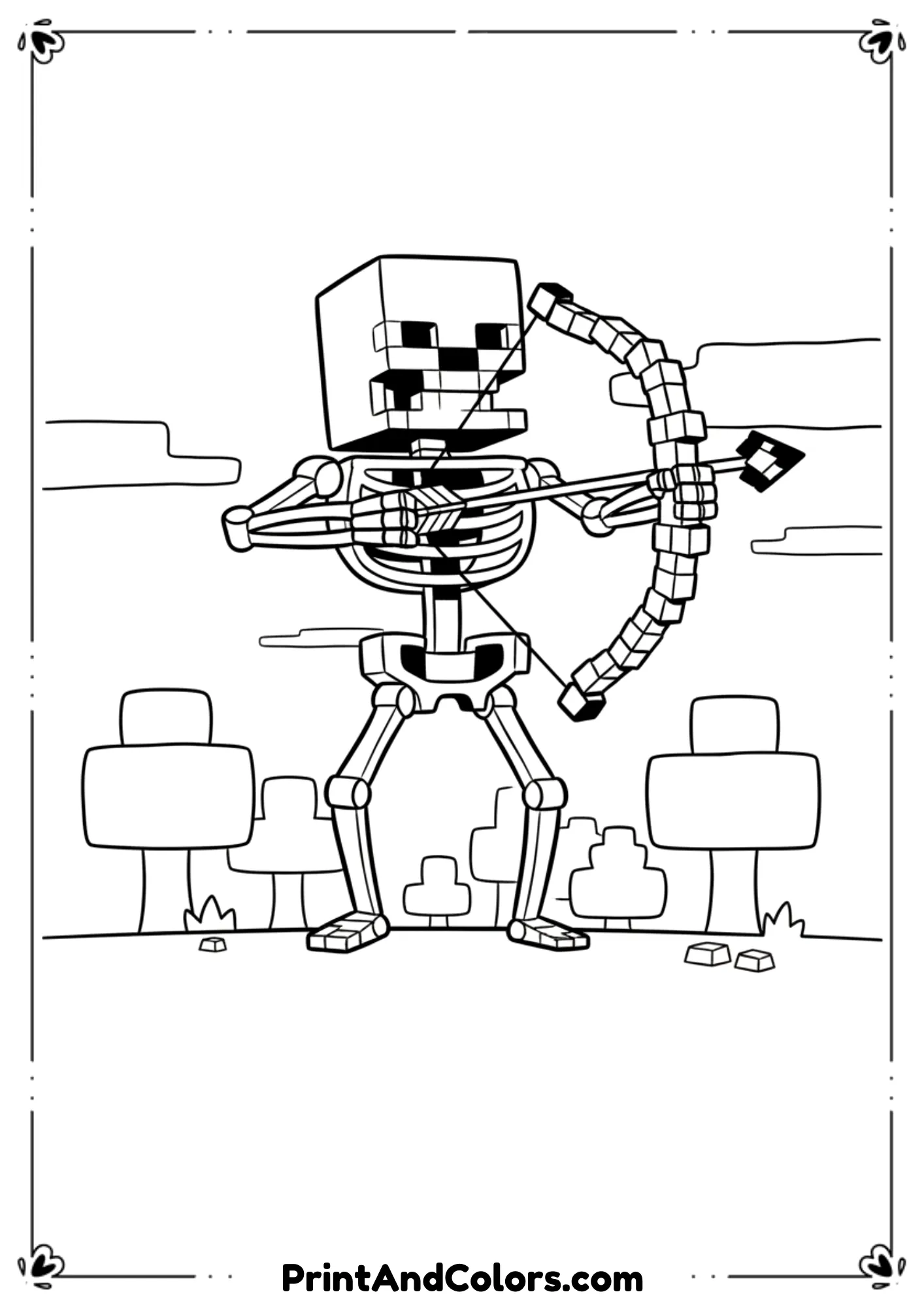  Black and white line drawing of a Minecraft movie-style skeleton holding a bow, simple pose, bold outlines, no shading, printable coloring sheet for kids.

