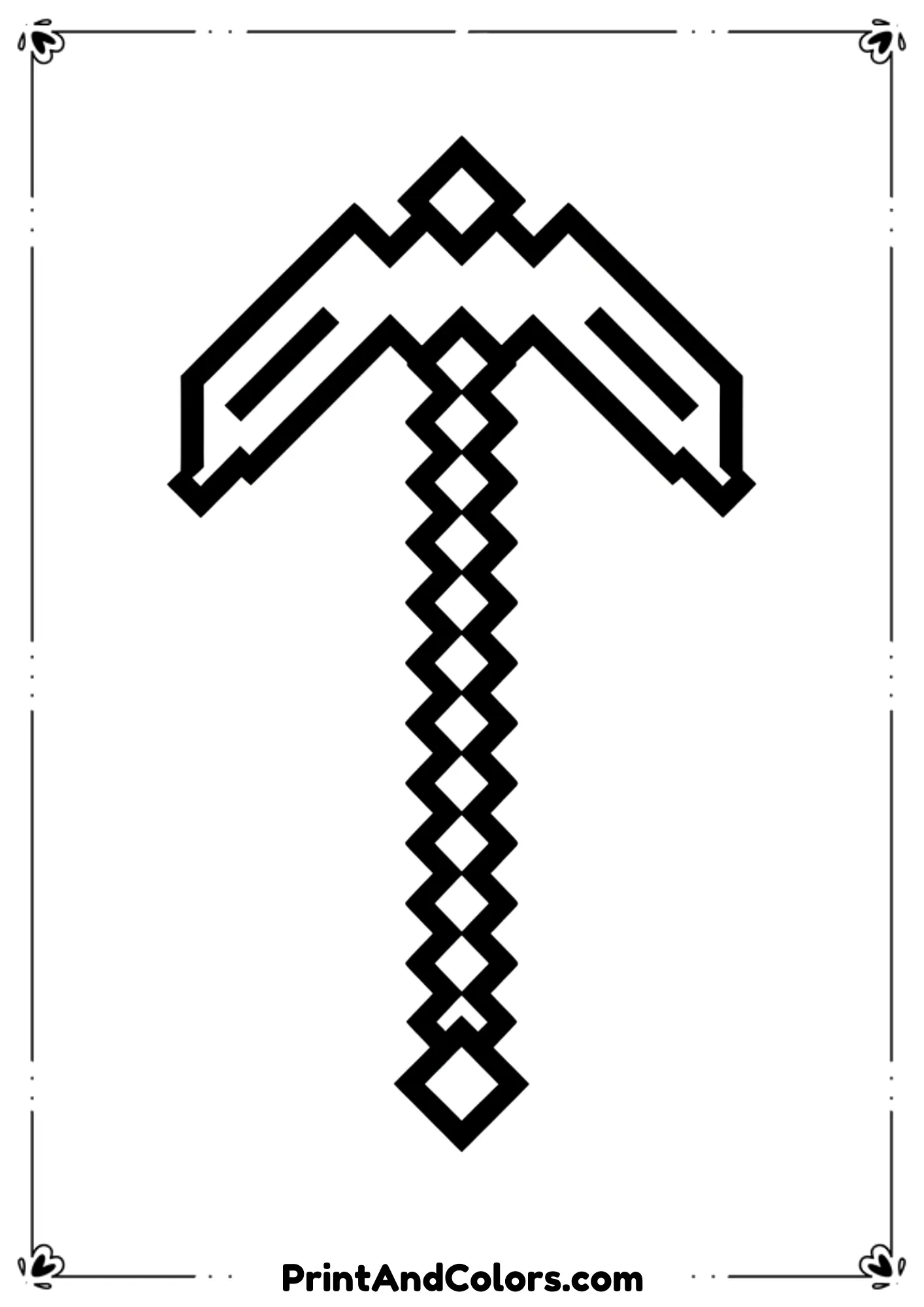Black and white line art of a Minecraft pickaxe, pixel-style tool design, centered layout, bold clean outlines, no shading, no color, printable coloring page, white background, kid-friendly simplicity.
