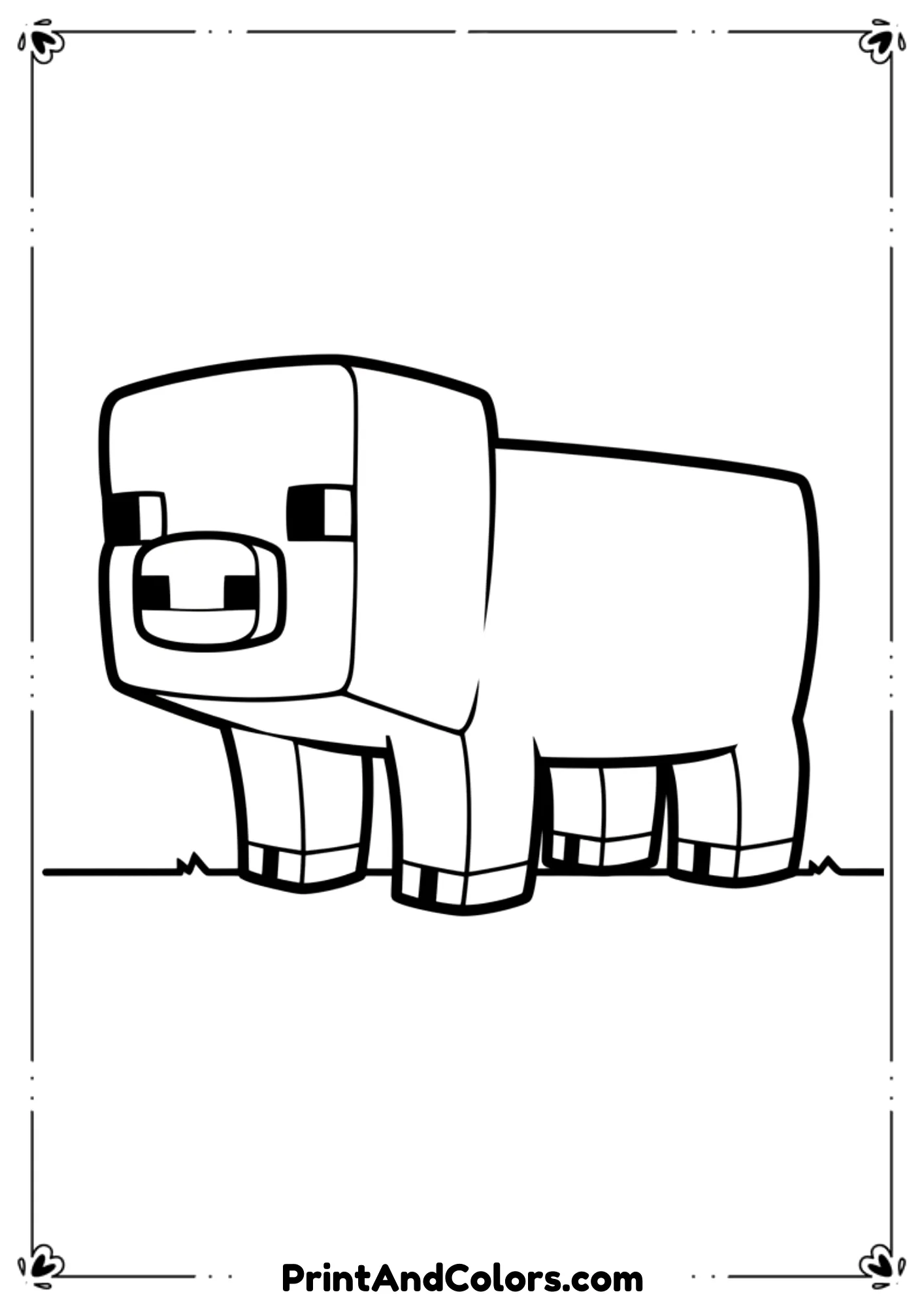 Black and white line drawing of a Minecraft pig, simple blocky body, friendly expression, bold outlines, no shading, printable coloring sheet for kids.
