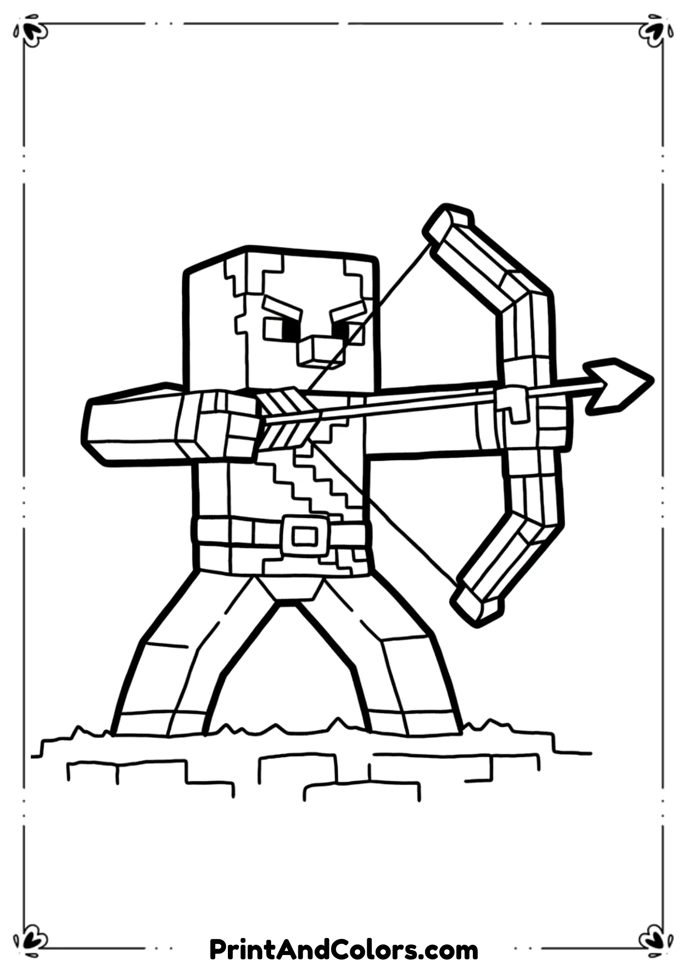  Black and white line art of a Minecraft Pillager holding a bow, simple battle-ready pose, blocky design, bold outlines, no shading, printable coloring sheet.
