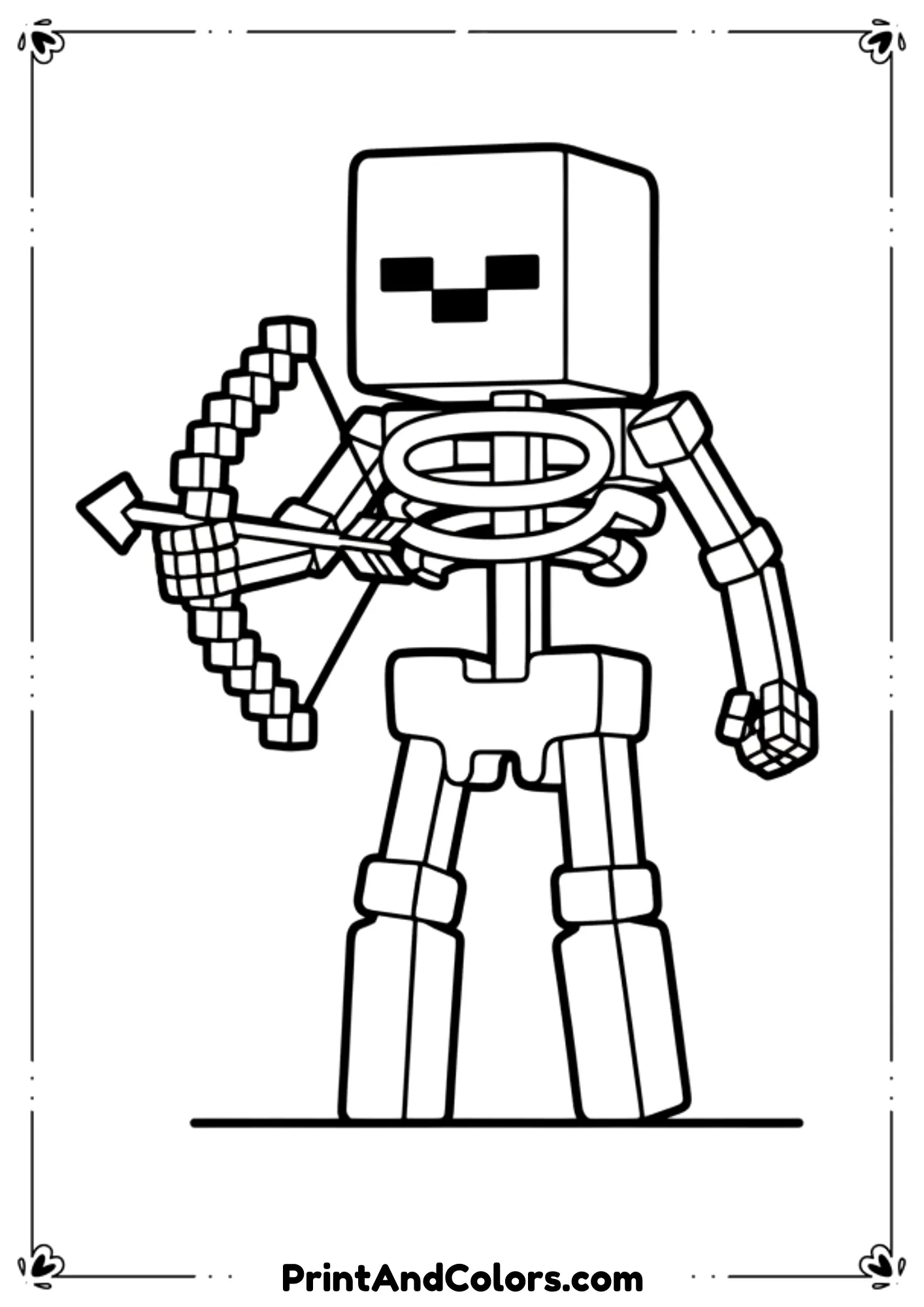  Black and white line art of a Minecraft skeleton holding a bow and arrow, simple stance, blocky design, bold outlines, no shading, printable coloring page.
