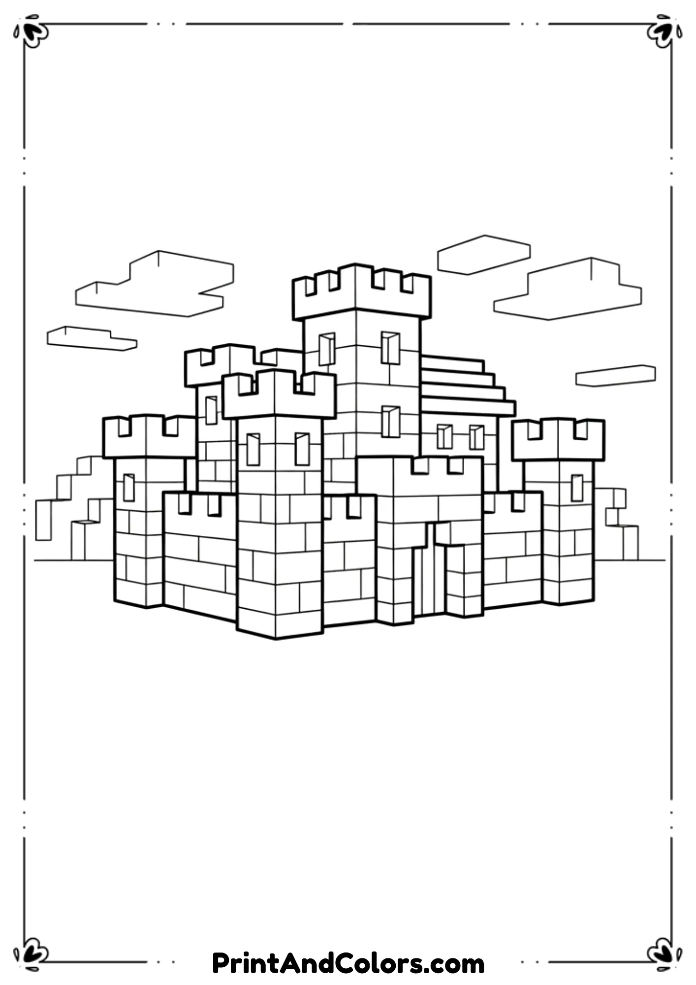  Black and white line art of a small Minecraft castle made of stone blocks, towers and walls, simple background, bold outlines, no shading, printable coloring page.
