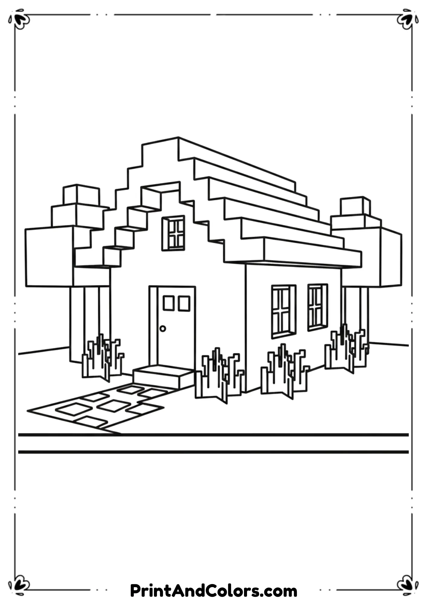 Black and white line drawing of a small Minecraft house made of blocks, door, windows, simple landscape, bold outlines, no shading, printable coloring page for kids.

