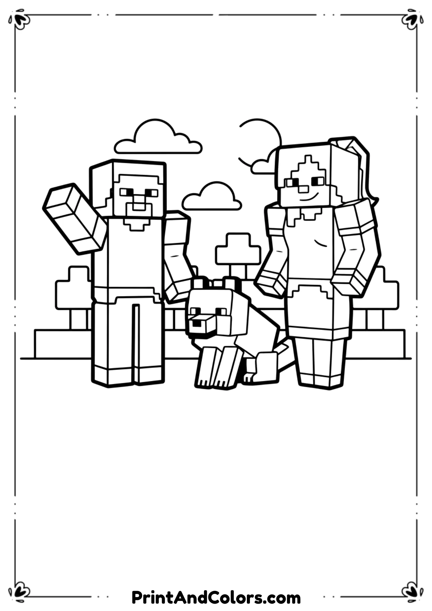 Black and white line drawing of Minecraft Steve and Alex standing with a wolf beside them, friendly scene, simple background, bold outlines, no shading, printable coloring page.
