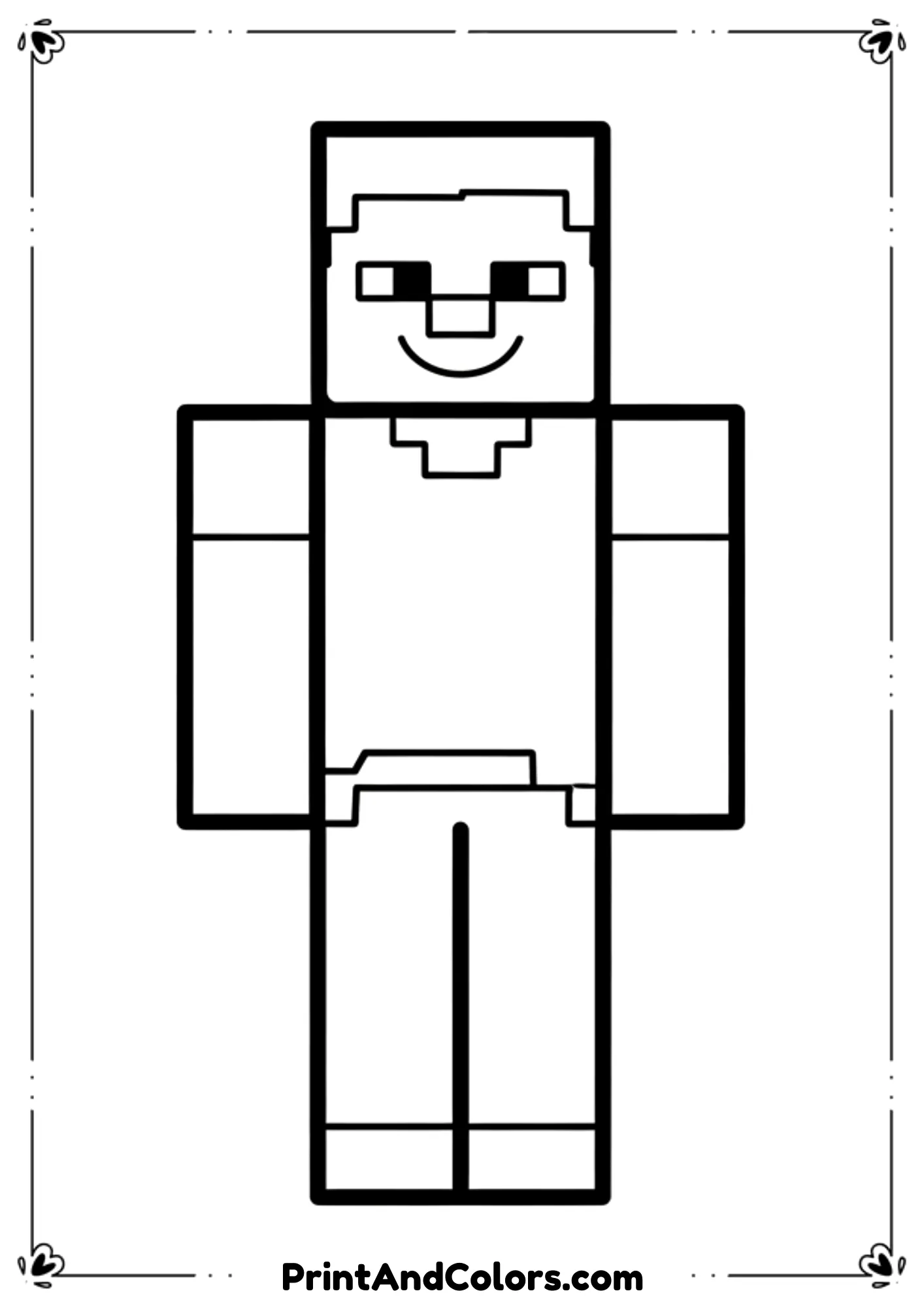  Black and white line art of Minecraft Steve standing front-facing, simple pose, blocky proportions, clean bold outlines, no shading, no color, printable coloring page, white background.