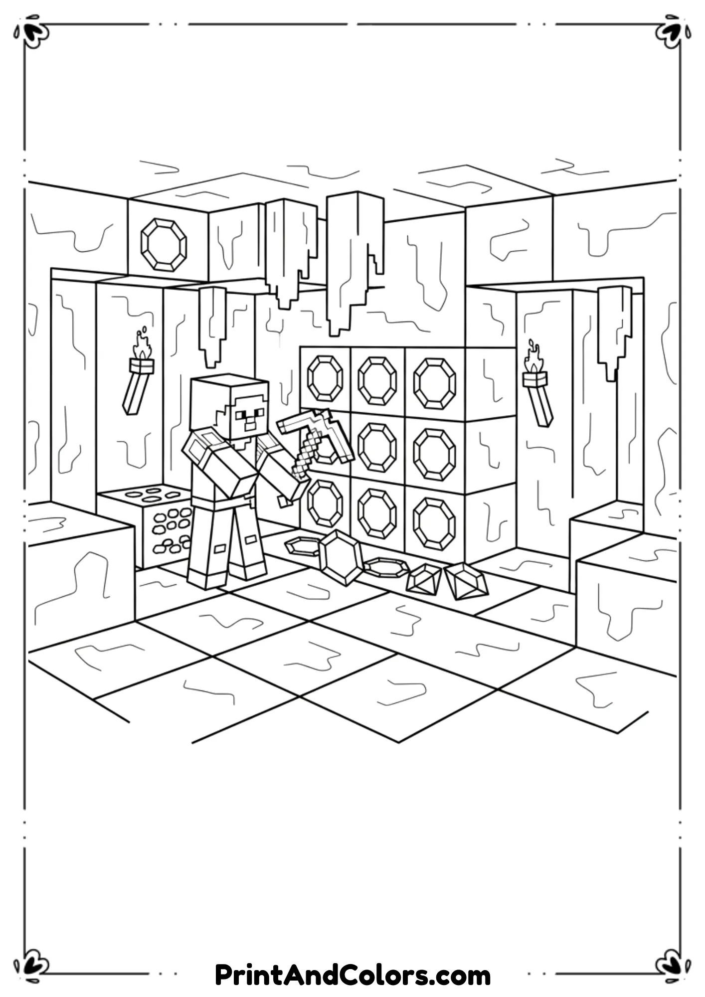  Black and white line art of Minecraft Steve mining diamonds in a cave, diamond blocks outlined only, bold outlines, no shading, printable coloring page.
