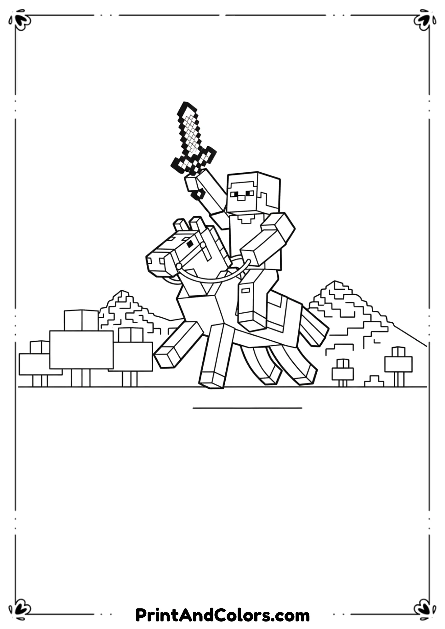  Black and white line drawing of Minecraft Steve riding a horse while holding a sword, action pose, simple background, bold outlines, no shading, printable coloring page.
