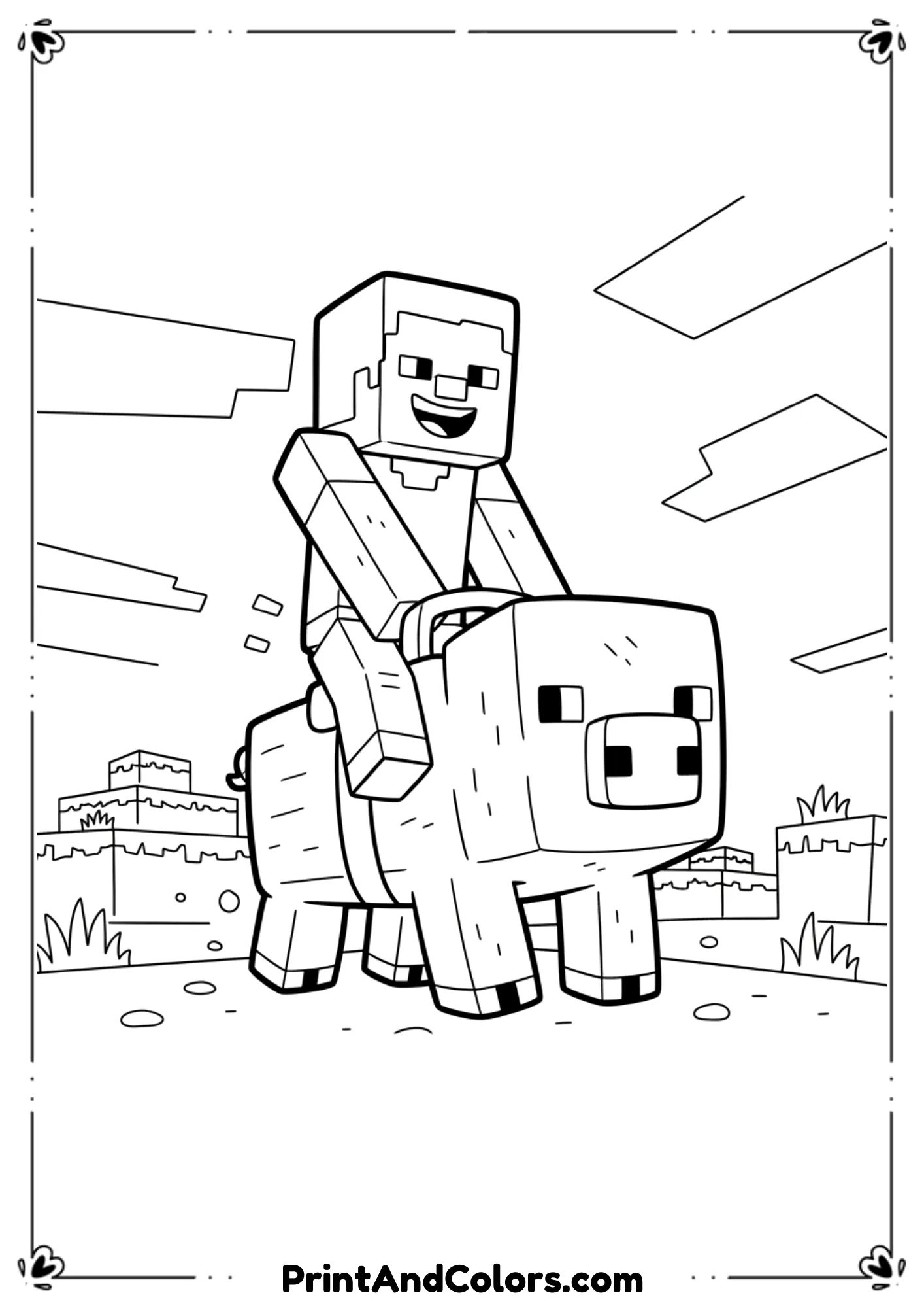  Black and white line illustration of Minecraft Steve riding a pig, fun playful pose, blocky terrain, bold outlines, no shading, printable coloring page for kids.
