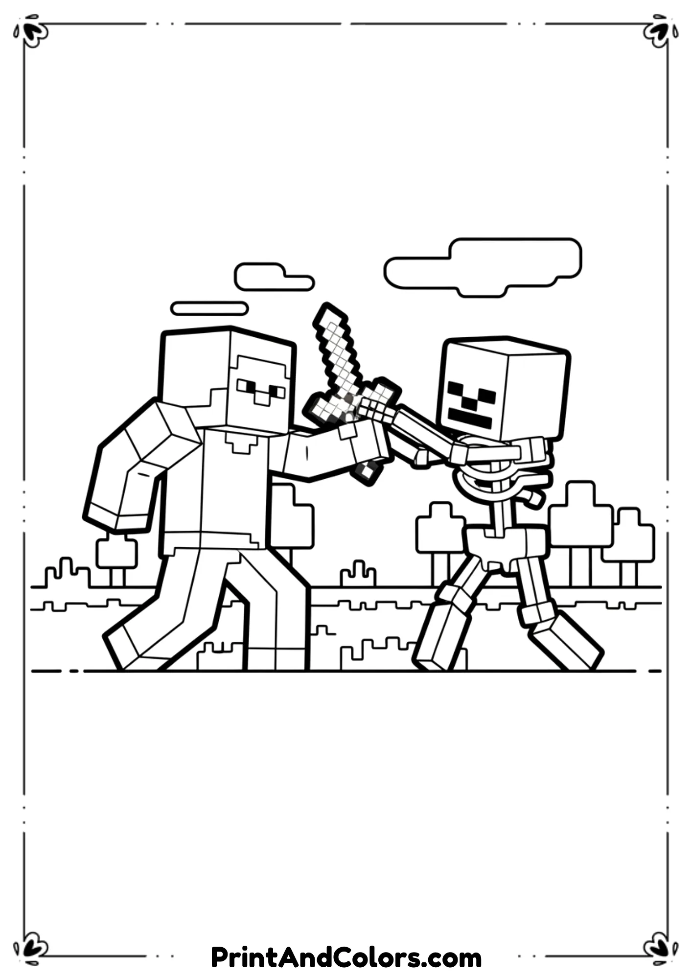  Black and white line illustration of Minecraft Steve battling a skeleton, action pose, simple combat scene, bold outlines, no shading, printable coloring page.
