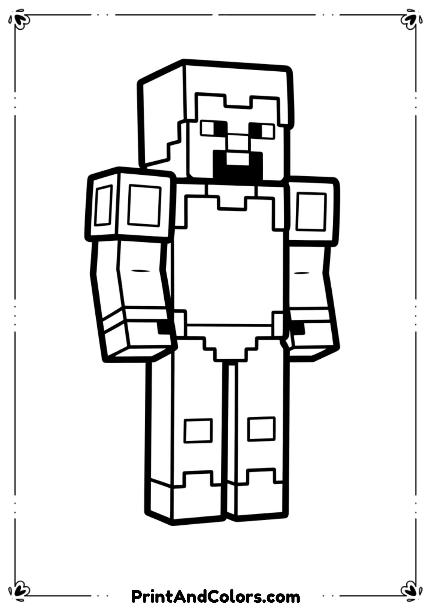 Black and white line illustration of Minecraft Steve wearing full diamond armor, friendly stance, simplified armor details, bold outlines, no shading, printable coloring page for kids.

