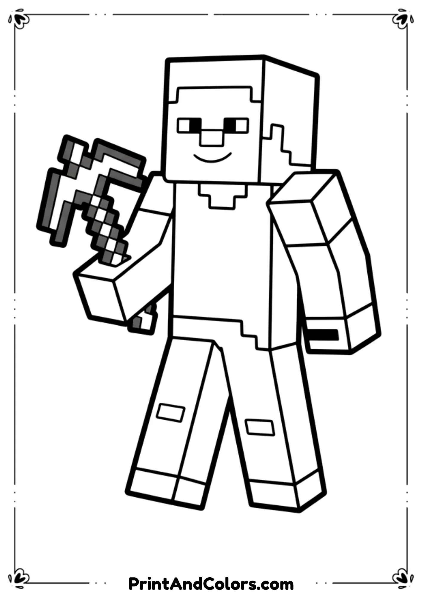  Black and white line art of Minecraft Steve holding a pickaxe, friendly pose, simplified details, bold outlines, no shading, printable coloring page for kids.
