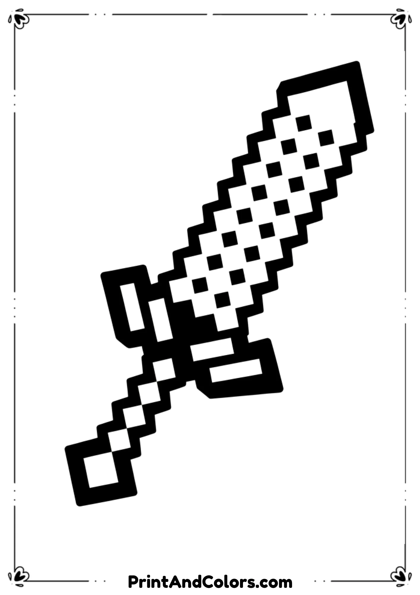  Black and white line drawing of a Minecraft sword, pixel-style design, centered on page, bold clean outlines, no shading, no color, printable coloring page for kids.