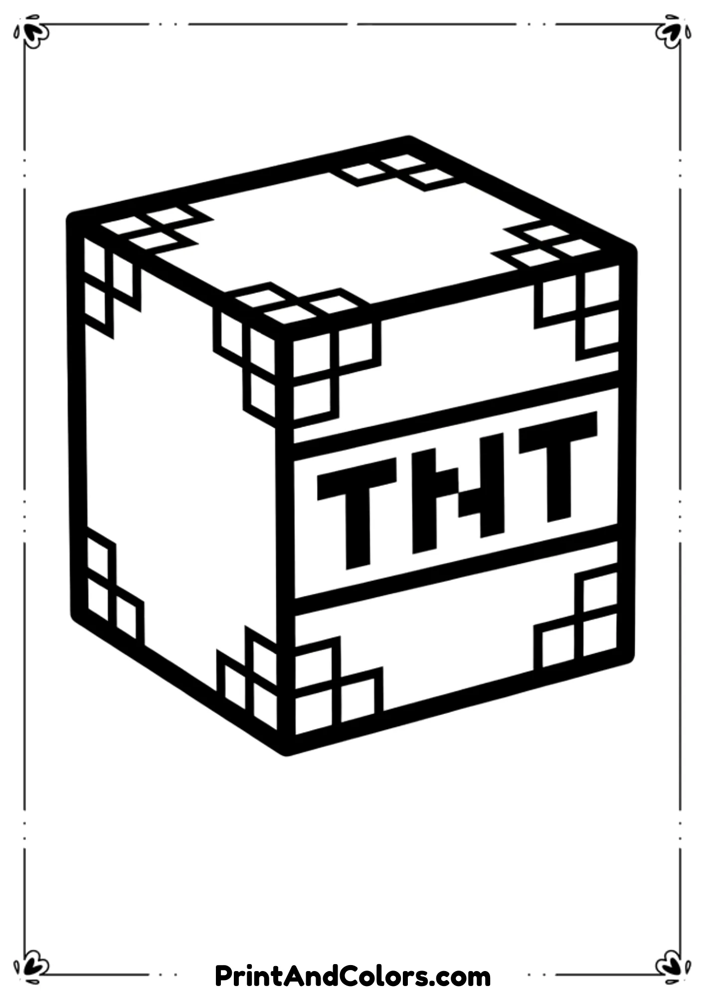  Black and white line illustration of a Minecraft TNT block with visible pixel edges, simple centered composition, bold outlines, no shading or color, printable coloring page for kids.
