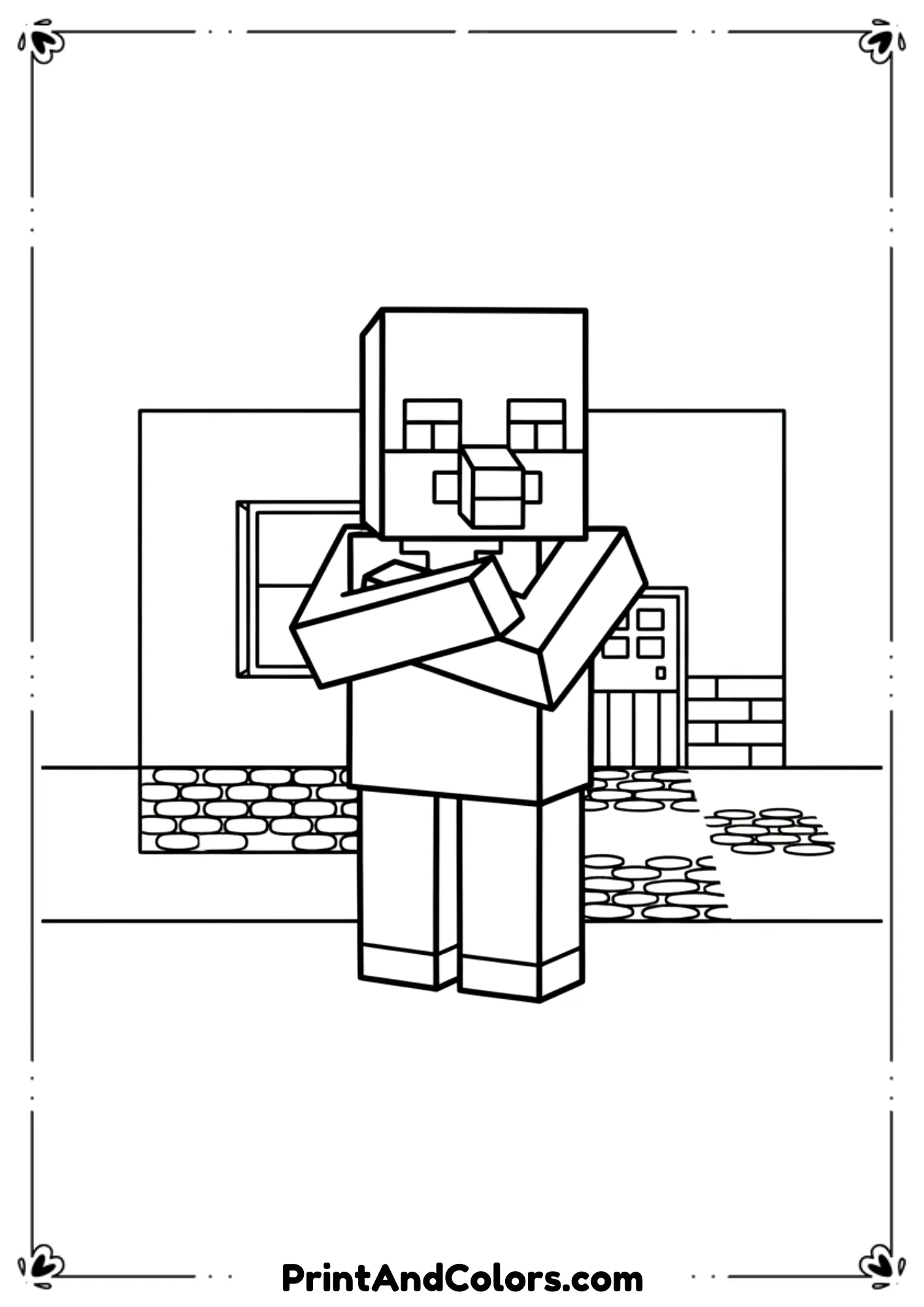  Black and white line drawing of a Minecraft villager with crossed arms, large nose, simple village blocks behind, bold outlines, no shading, printable coloring page.
