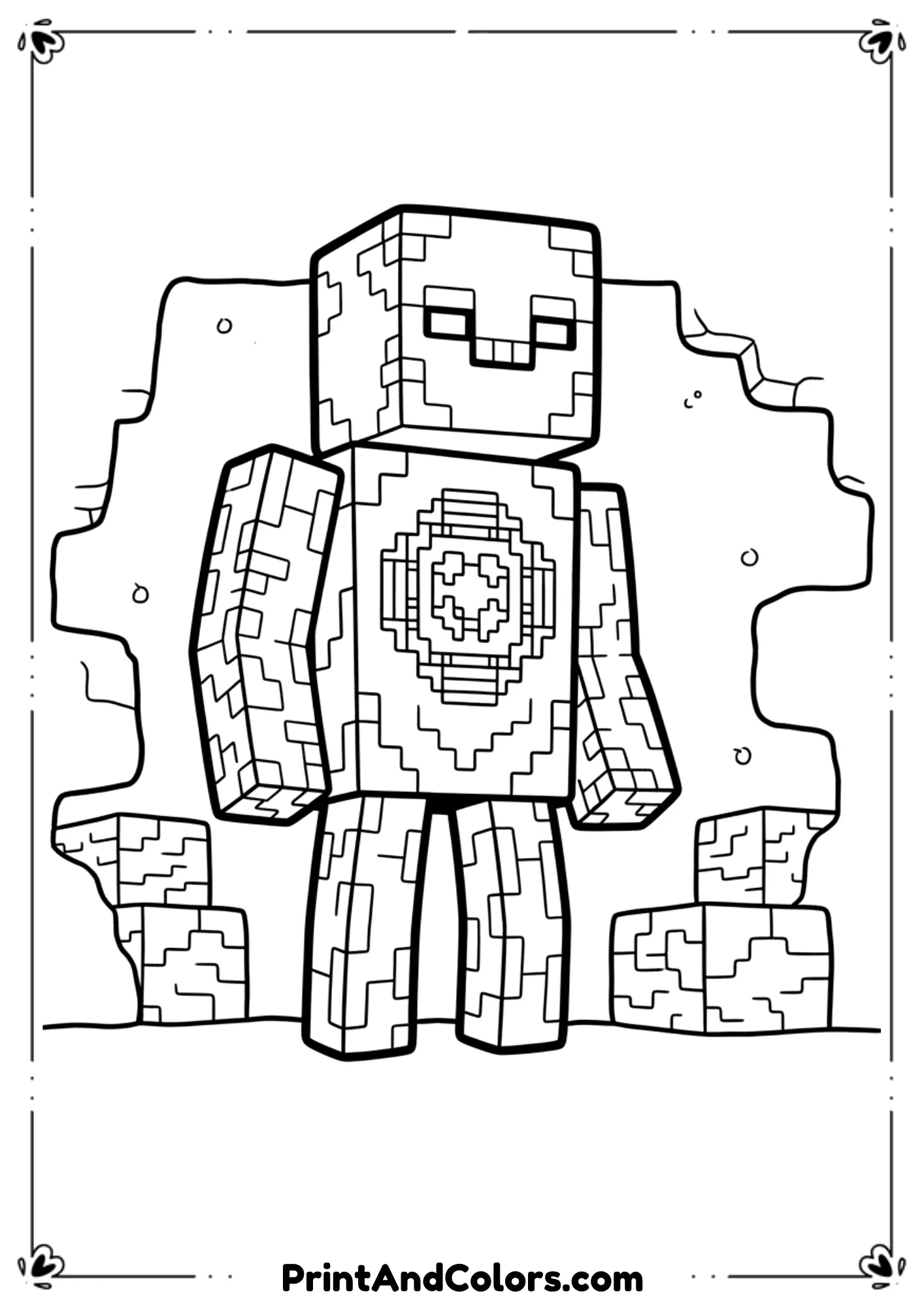 Black and white line art of the Minecraft Warden standing tall, glowing chest details outlined only, dark cave background simplified, bold outlines, no shading, printable coloring page