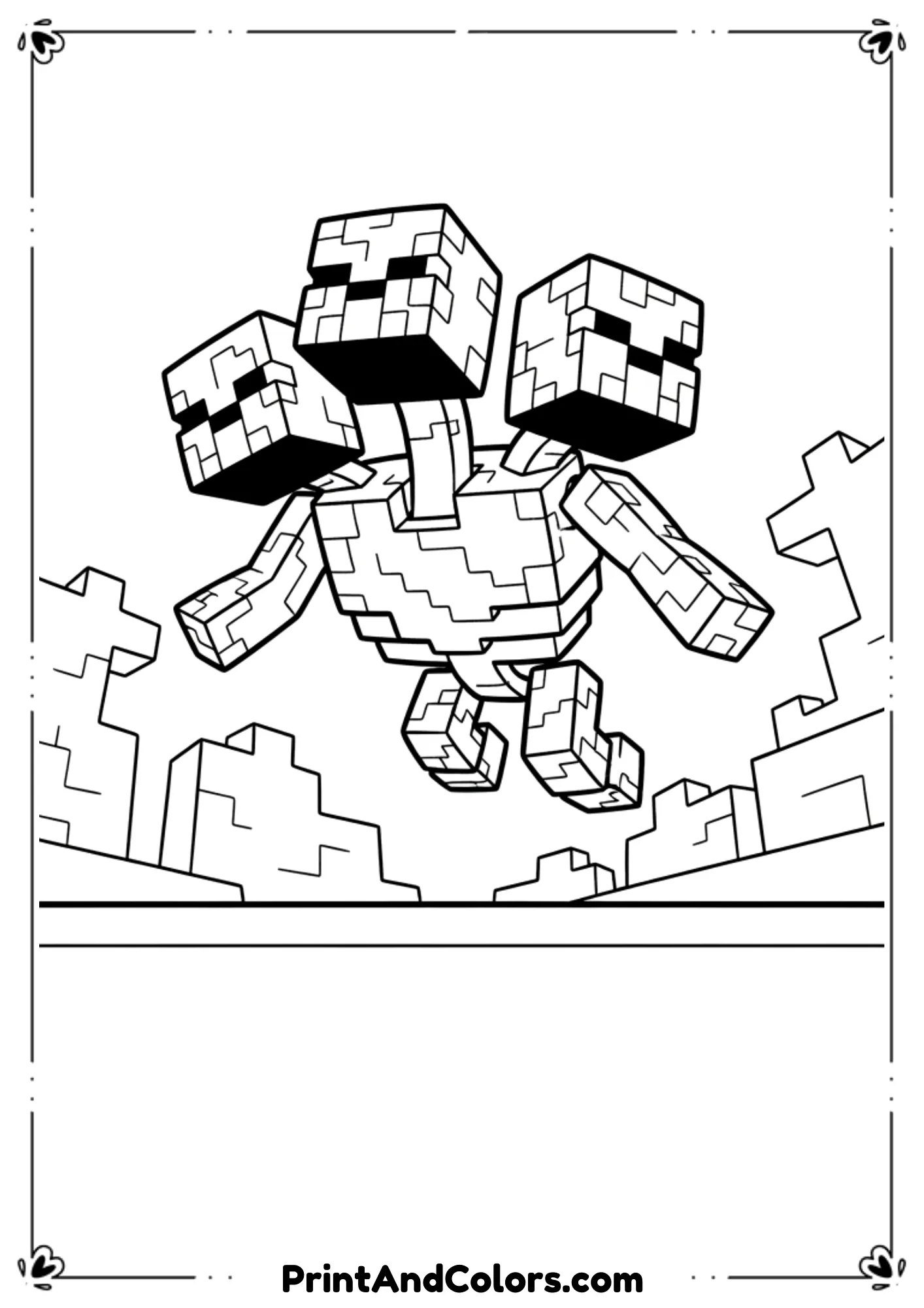  Black and white line illustration of the Minecraft Wither boss floating with three heads, dramatic pose, simplified background, bold outlines, no shading, printable coloring page.
