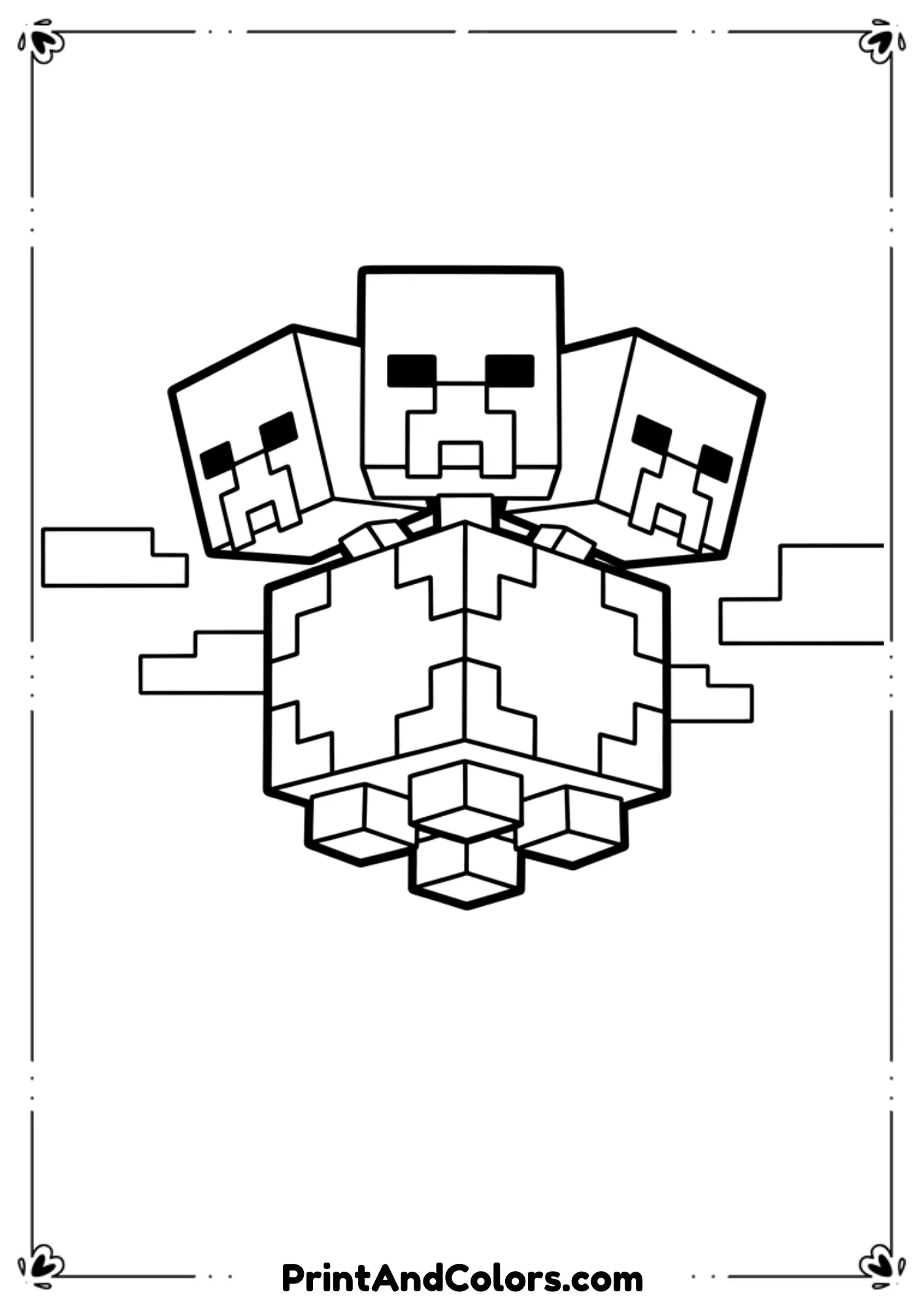  Black and white line art of the Minecraft Wither floating with three heads, simple background, bold outlines, no shading, printable coloring sheet.
