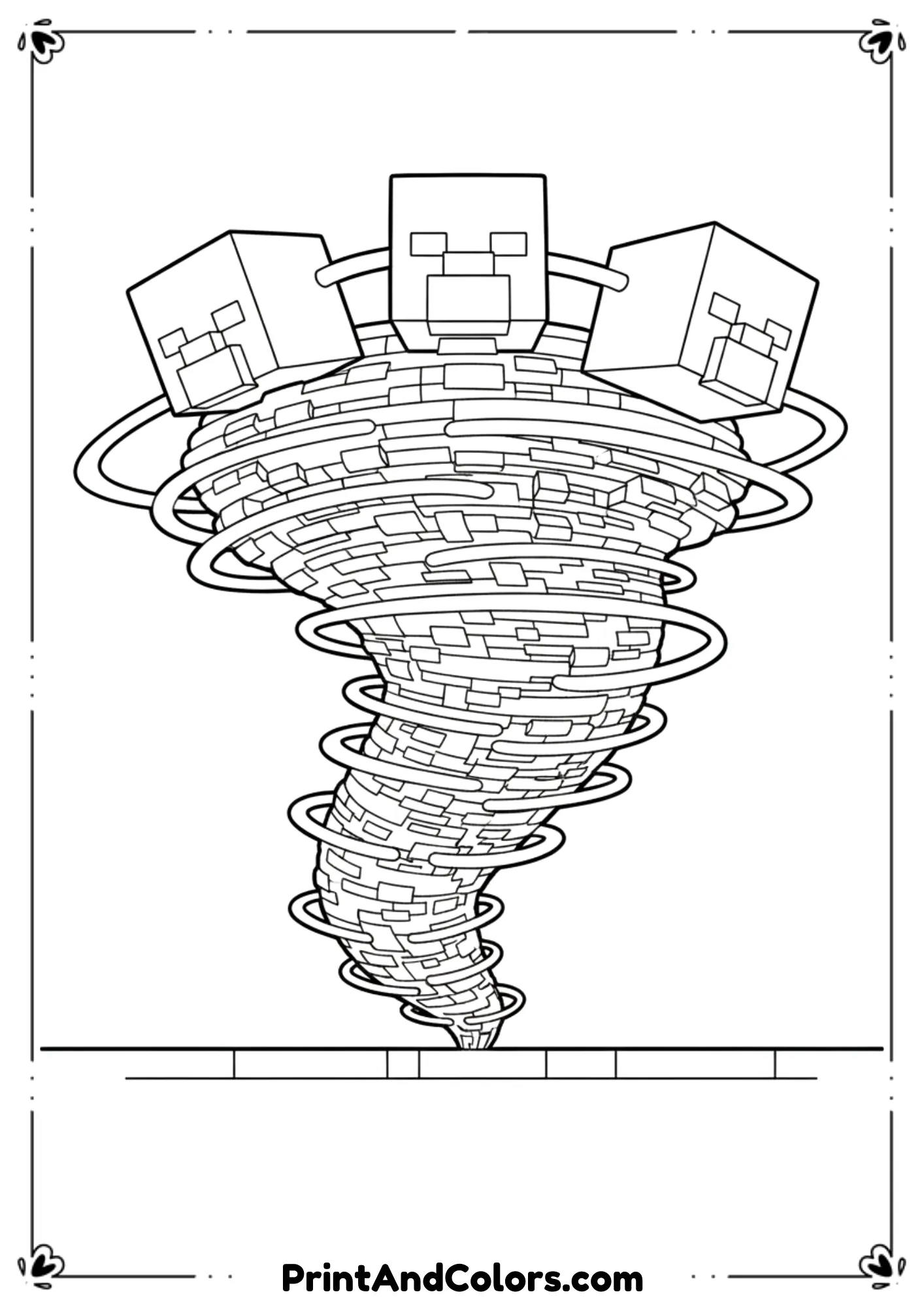  Black and white line art of the Minecraft Wither Storm with massive swirling block structure, dramatic pose, simplified details for coloring, bold outlines, no shading, printable coloring page.
