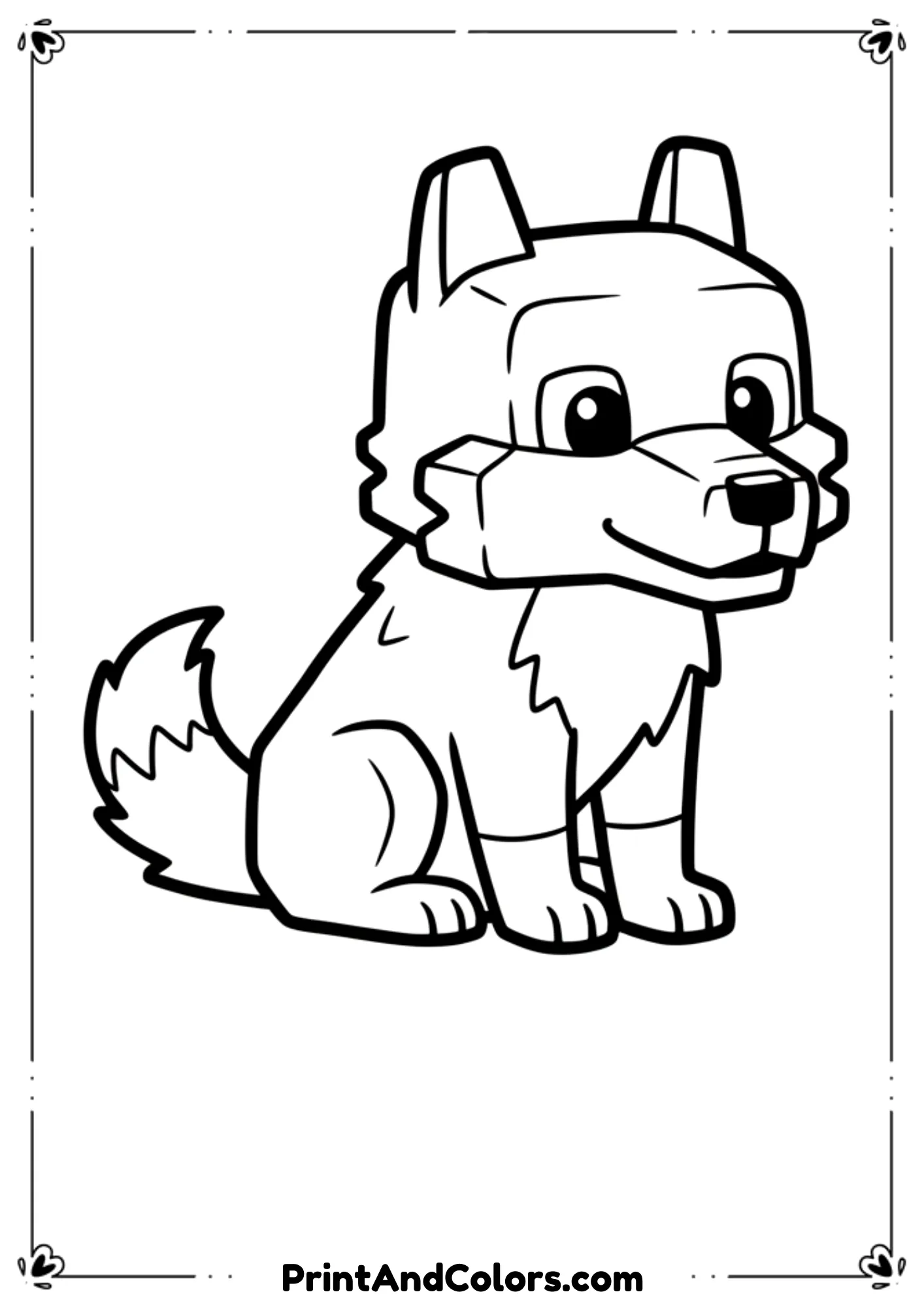 Black and white line drawing of a cute Minecraft wolf sitting calmly, simple shapes, friendly expression, thick bold outlines, no shading, preschool-friendly printable coloring page.
